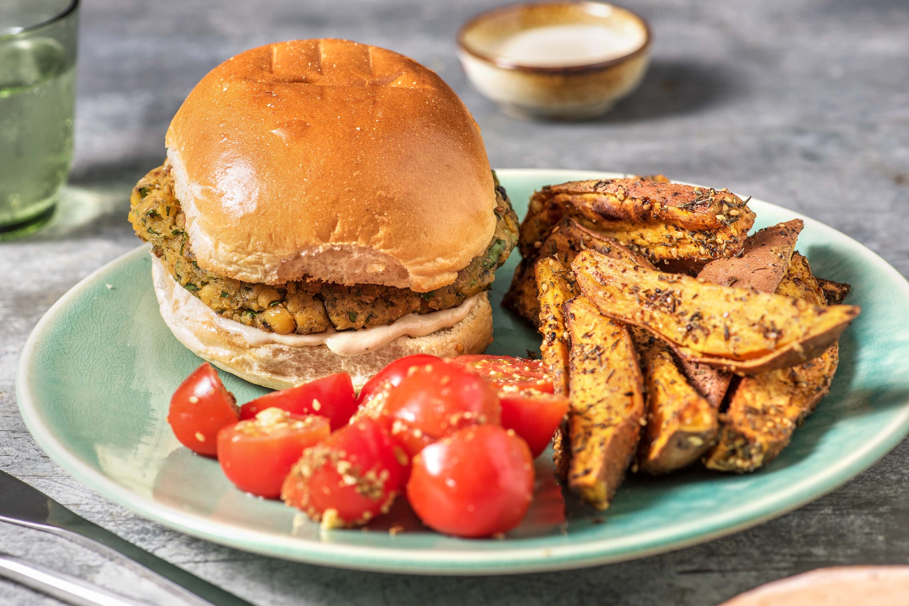 Herby Falafel Burger and Tahini Sauce