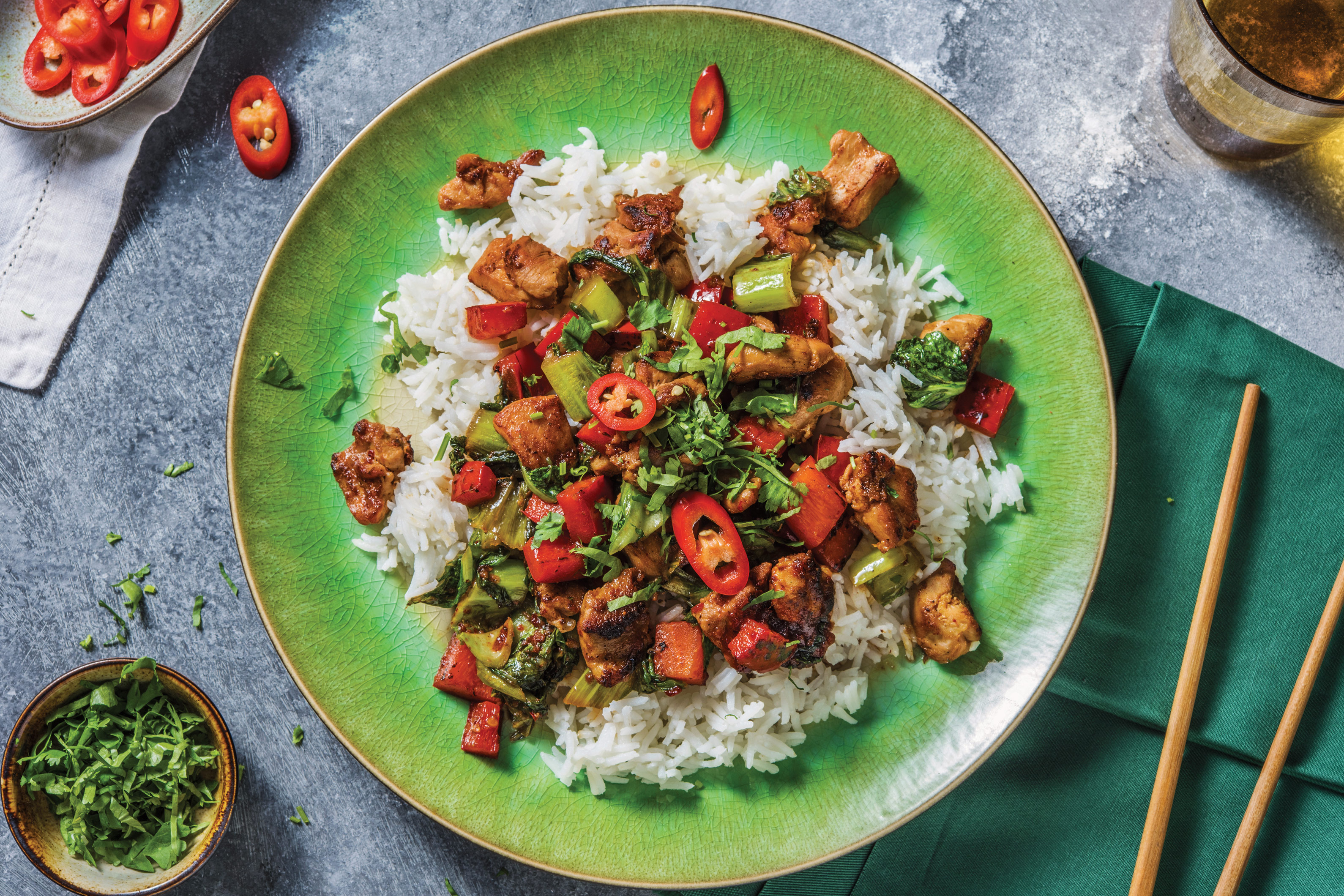 Sichuan Chicken & Garlic Rice with Veggie Stir-Fry