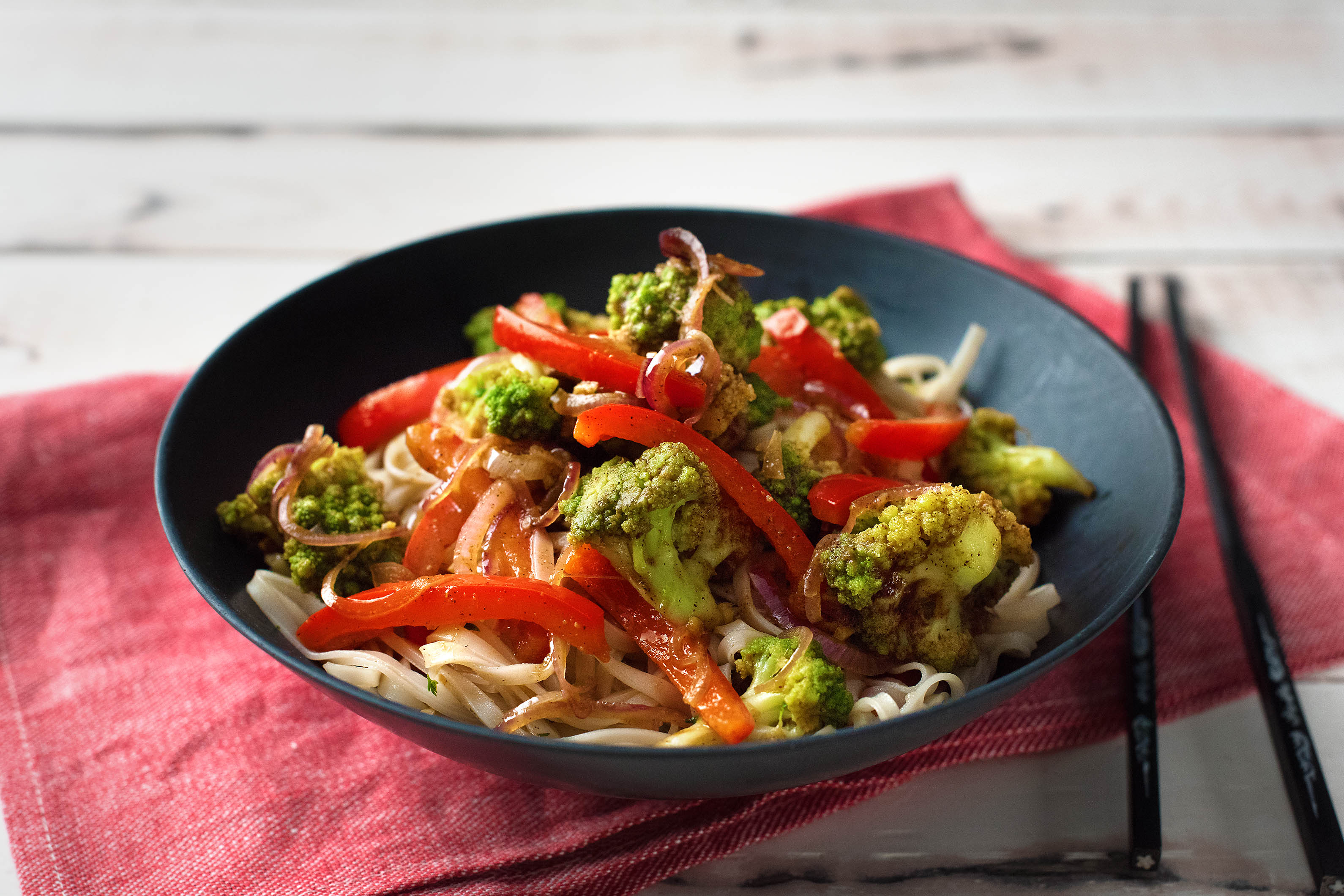 Hoisin Romanesco with Rice Noodles and Coriander Pesto
