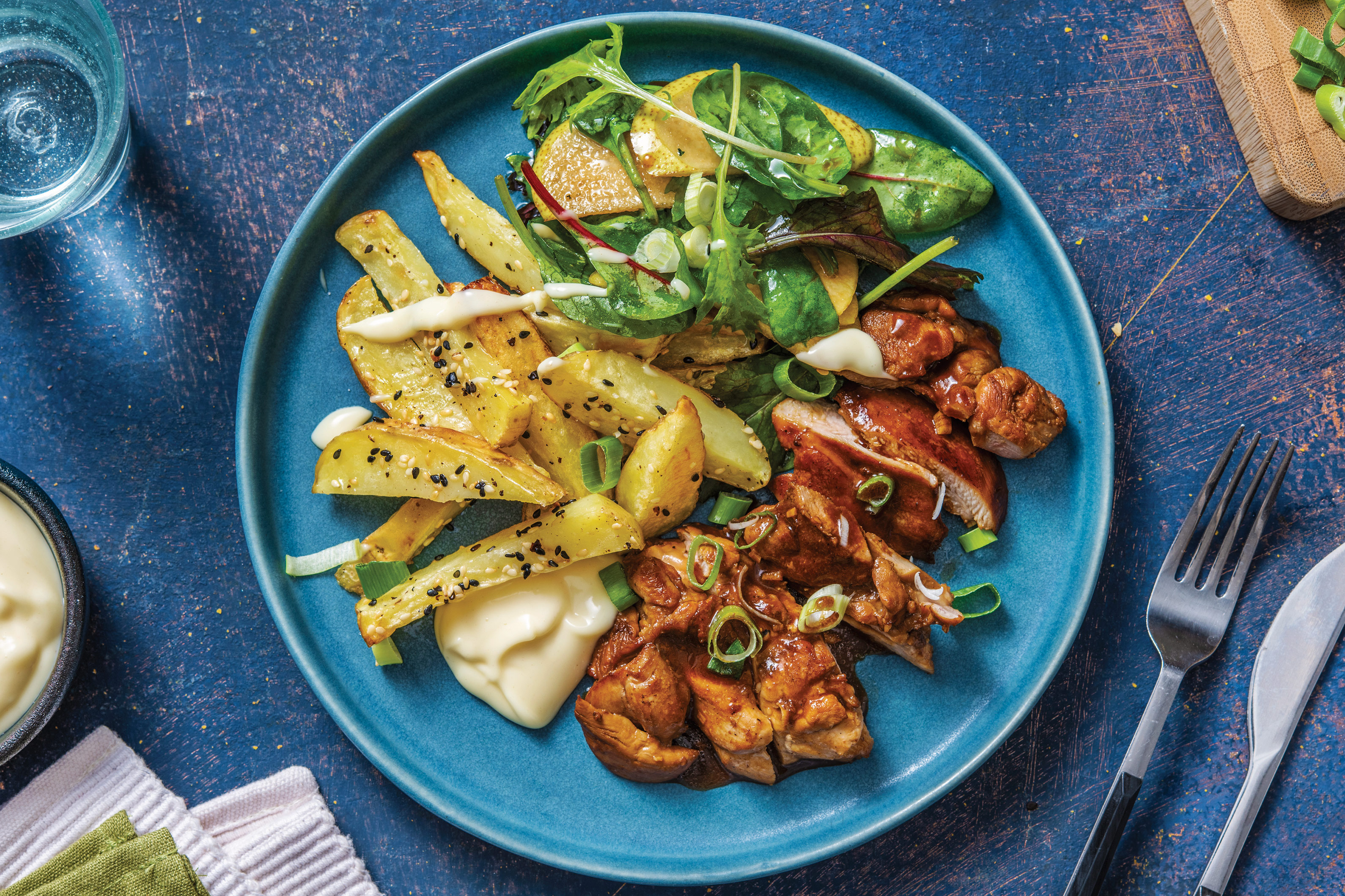Honey-Soy Glazed Chicken & Sesame Fries with Japanese-Style Pear Salad