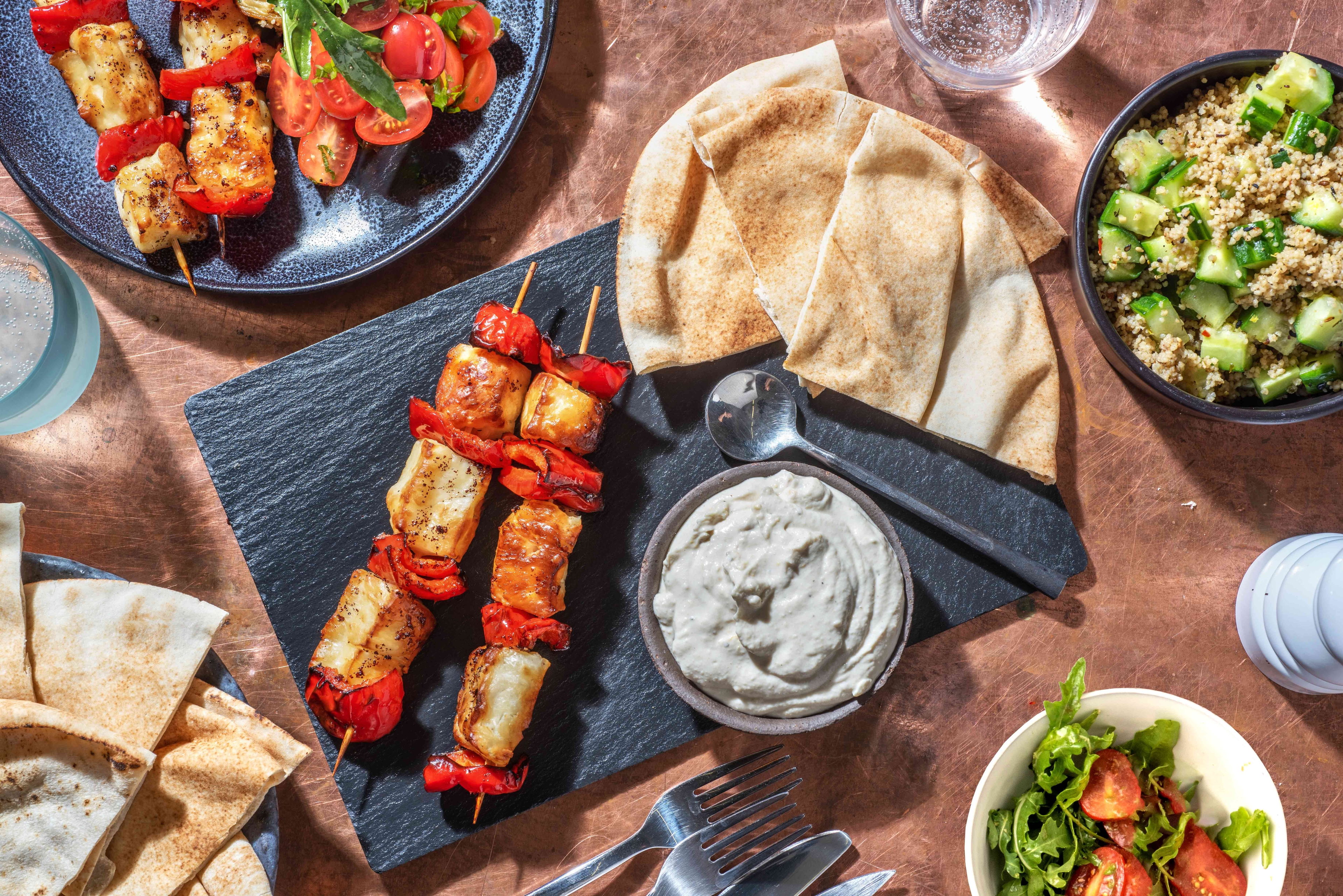 Honey Sumac Halloumi Skewers Mezze Platter