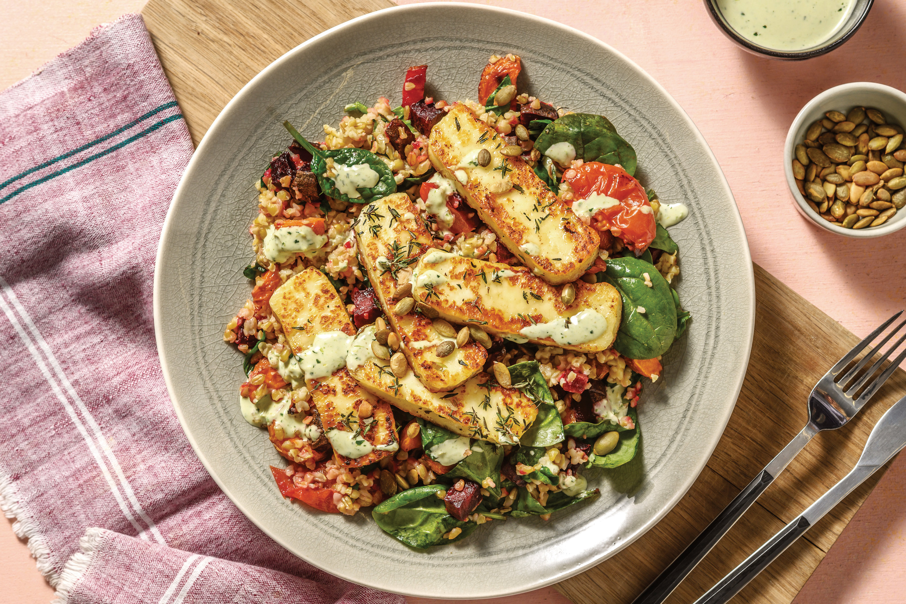 Honey-Thyme Haloumi & Roast Veggie Freekeh
