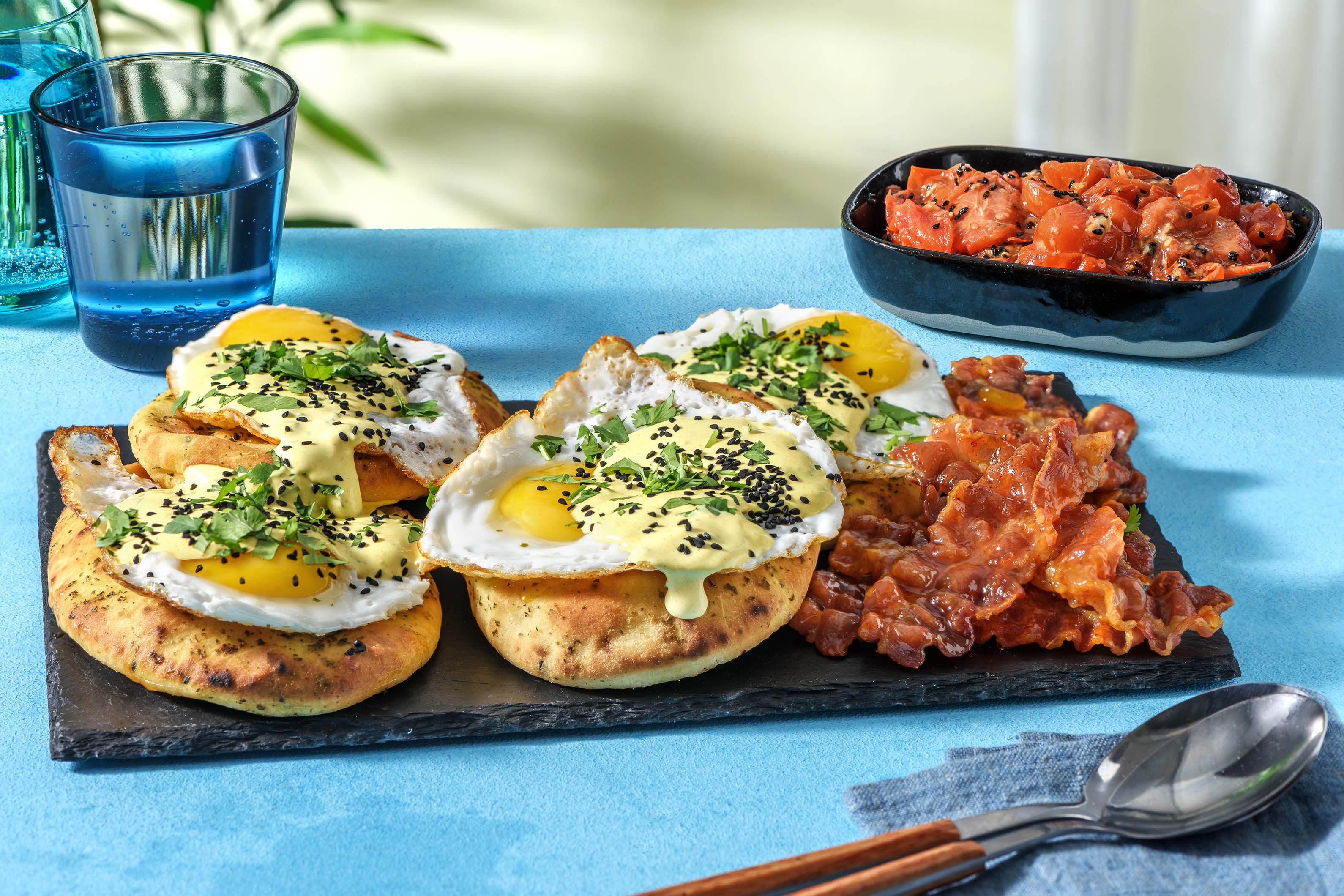 Indian Style Eggs Benedict and Buttery Naans