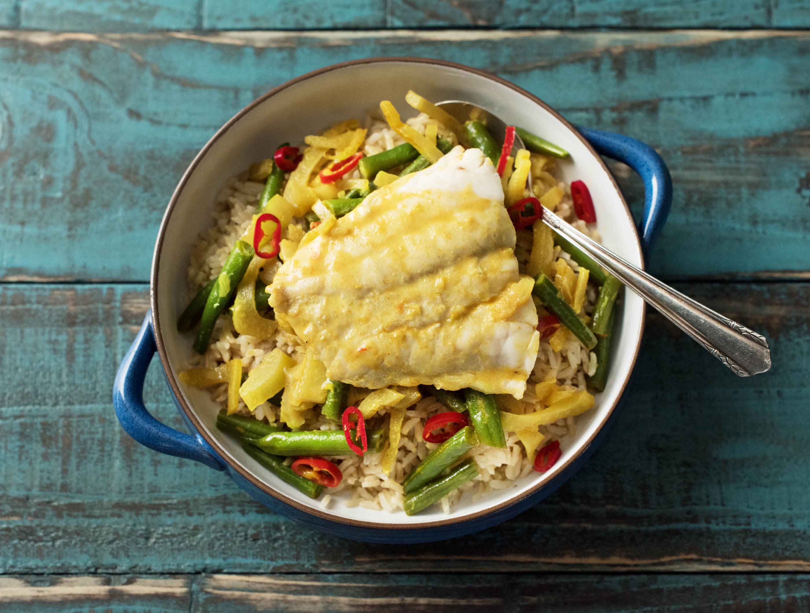 Indonesische viscurry met venkel en sperziebonen