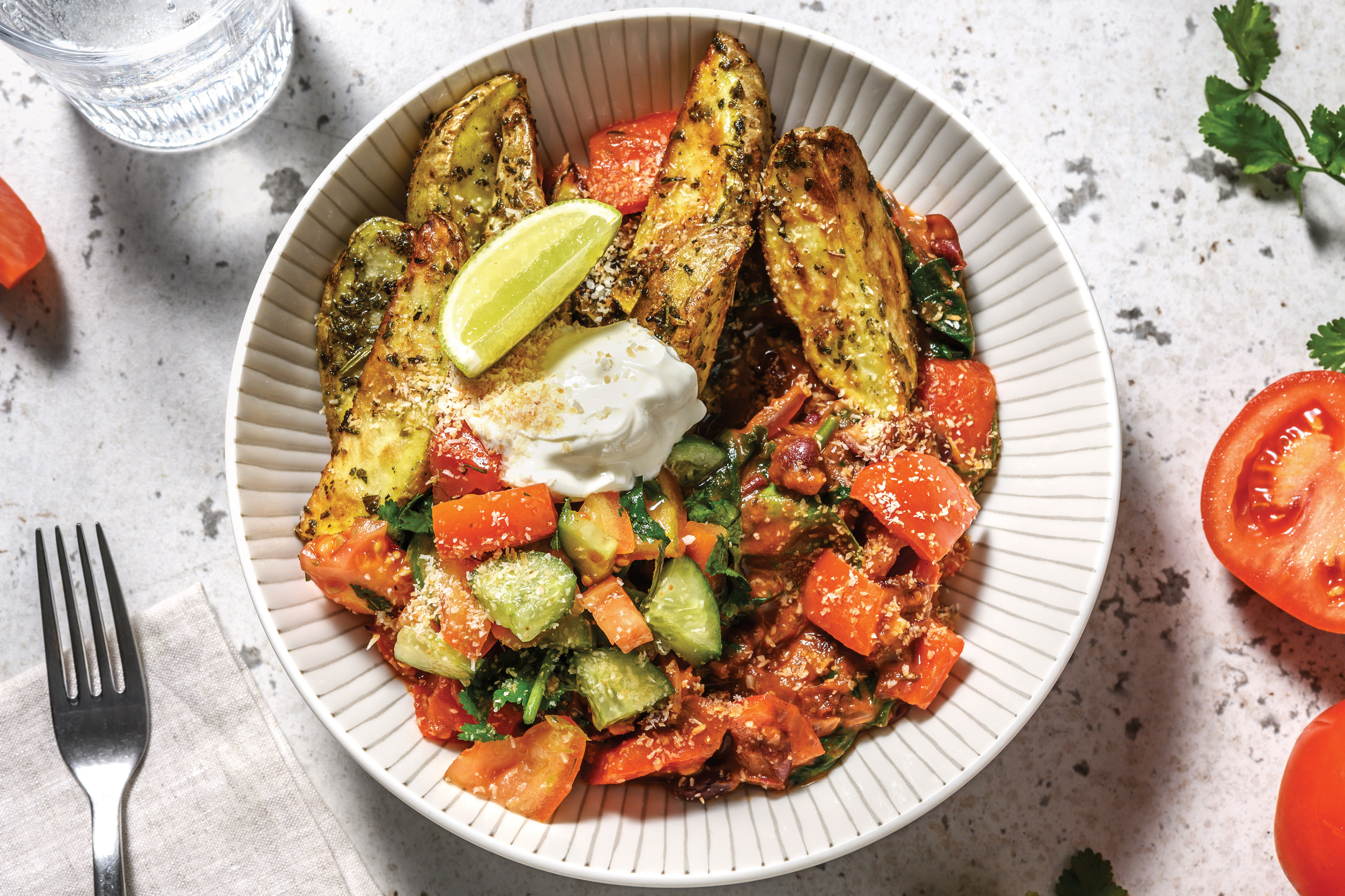 Caribbean Bean Bowl & Herby Wedges with Salsa, Toasted Coconut & Lime Yoghurt
