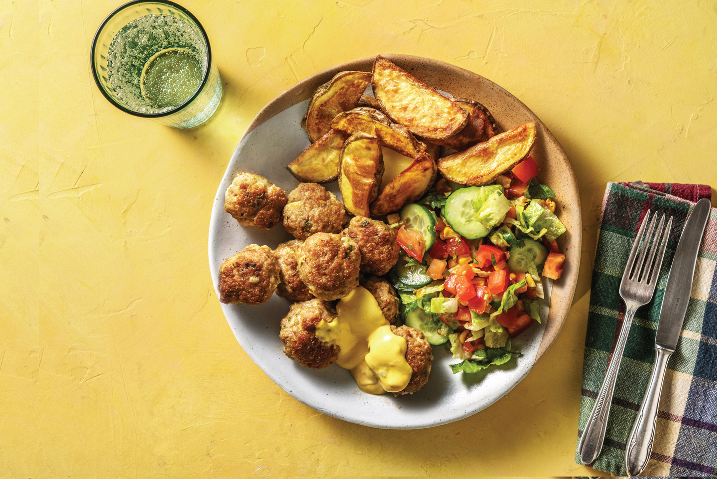Caribbean Pork Rissoles with Wedges & Mango Mayonnaise