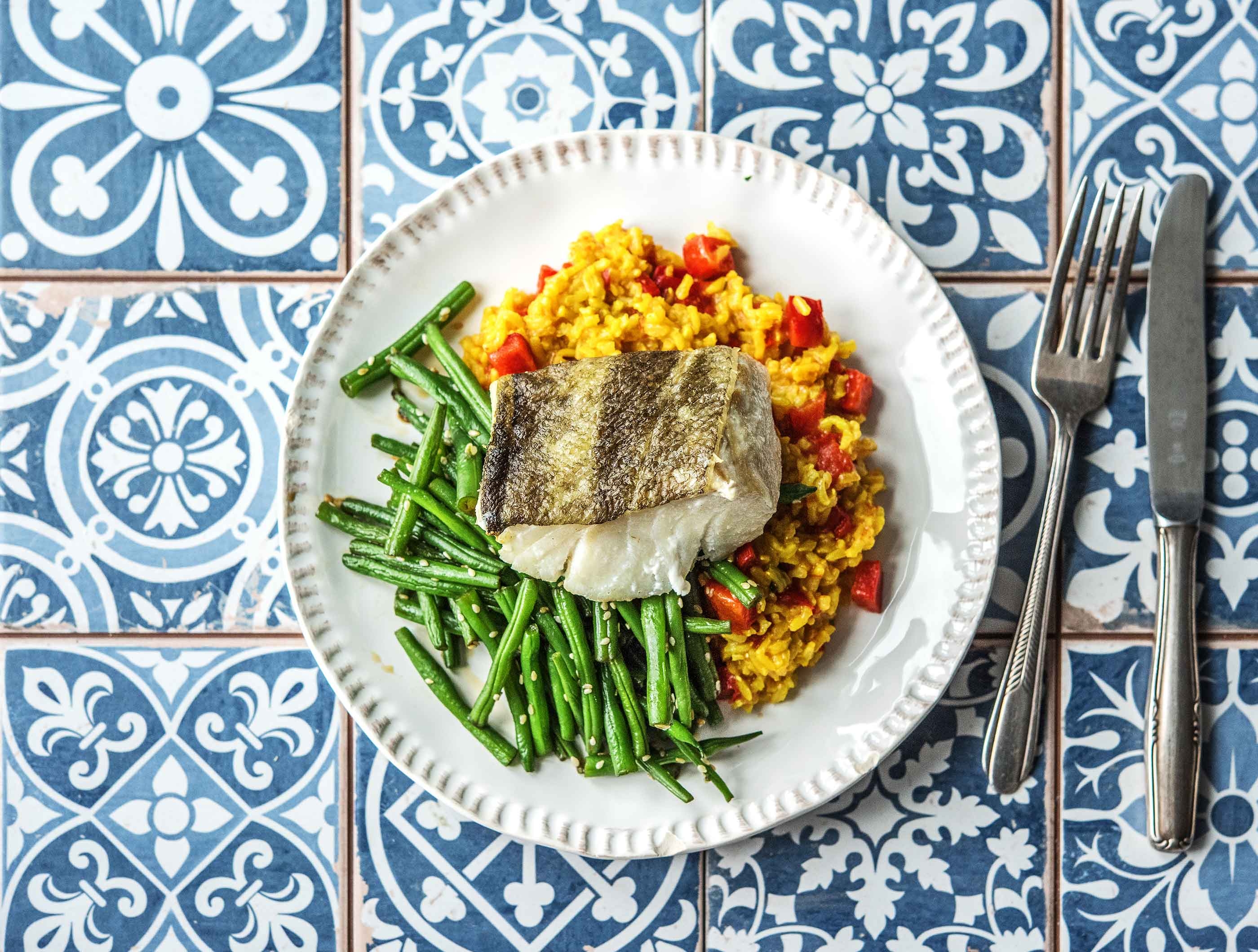 Kabeljauw met Japans gekruide groenten, sperziebonen en sesamzaad