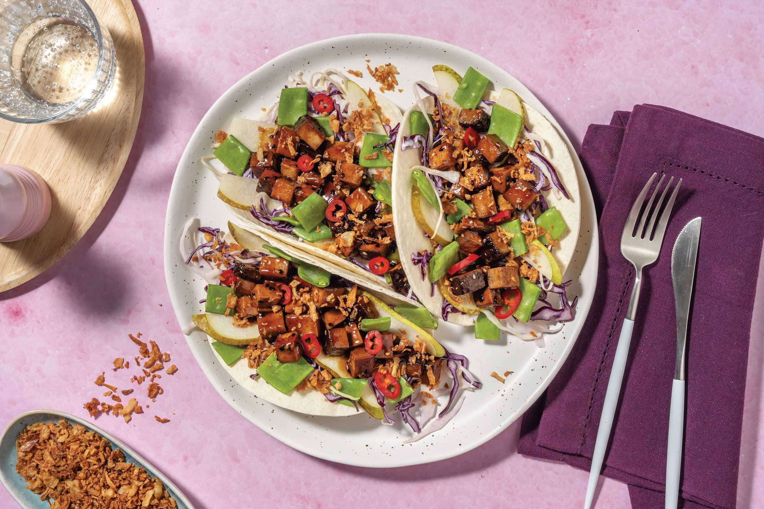 Katsu-Glazed Tofu & Pea Pod Slaw Tacos