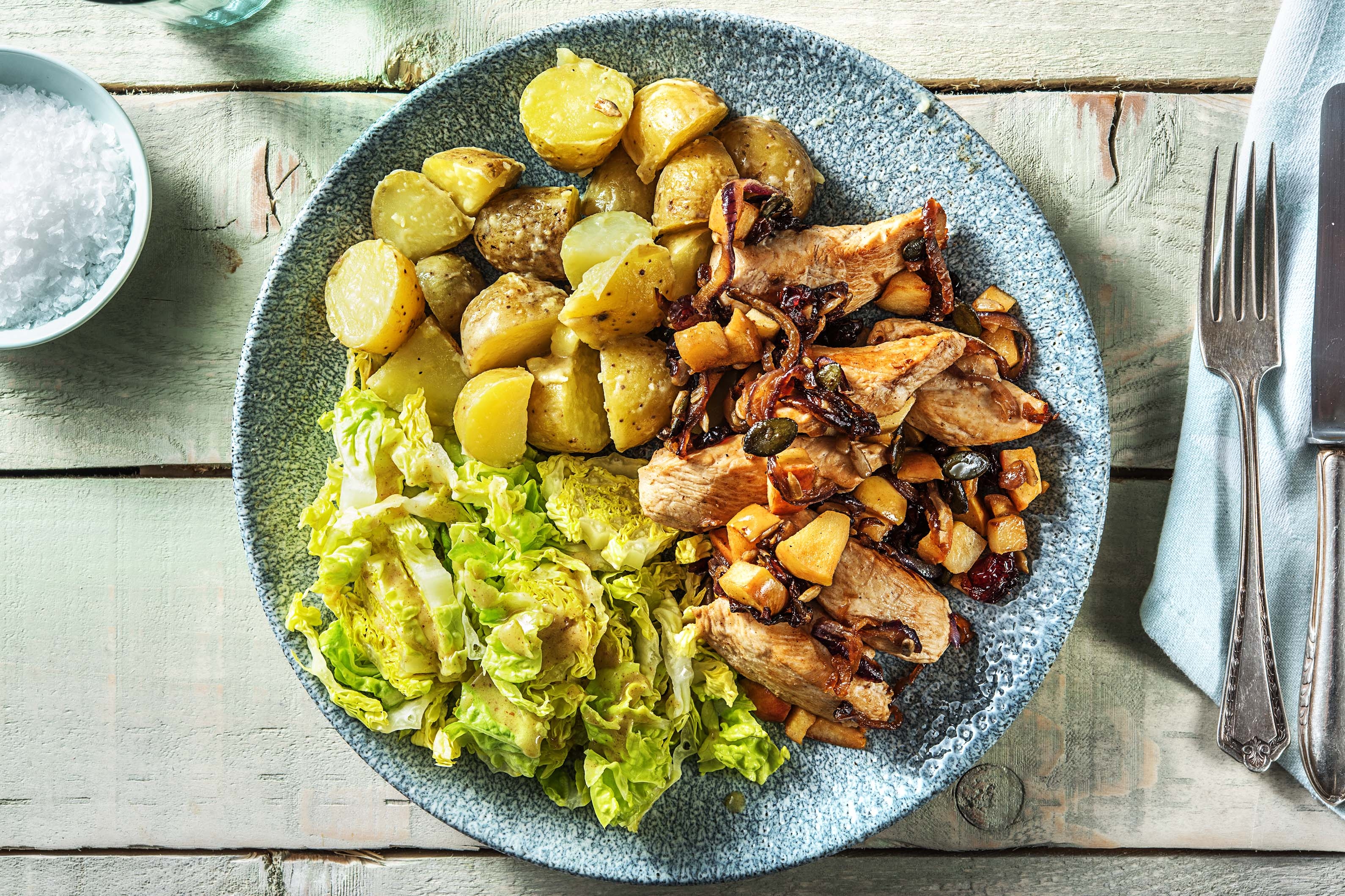 Filet pur de poulet, pommes, canneberges et graines
