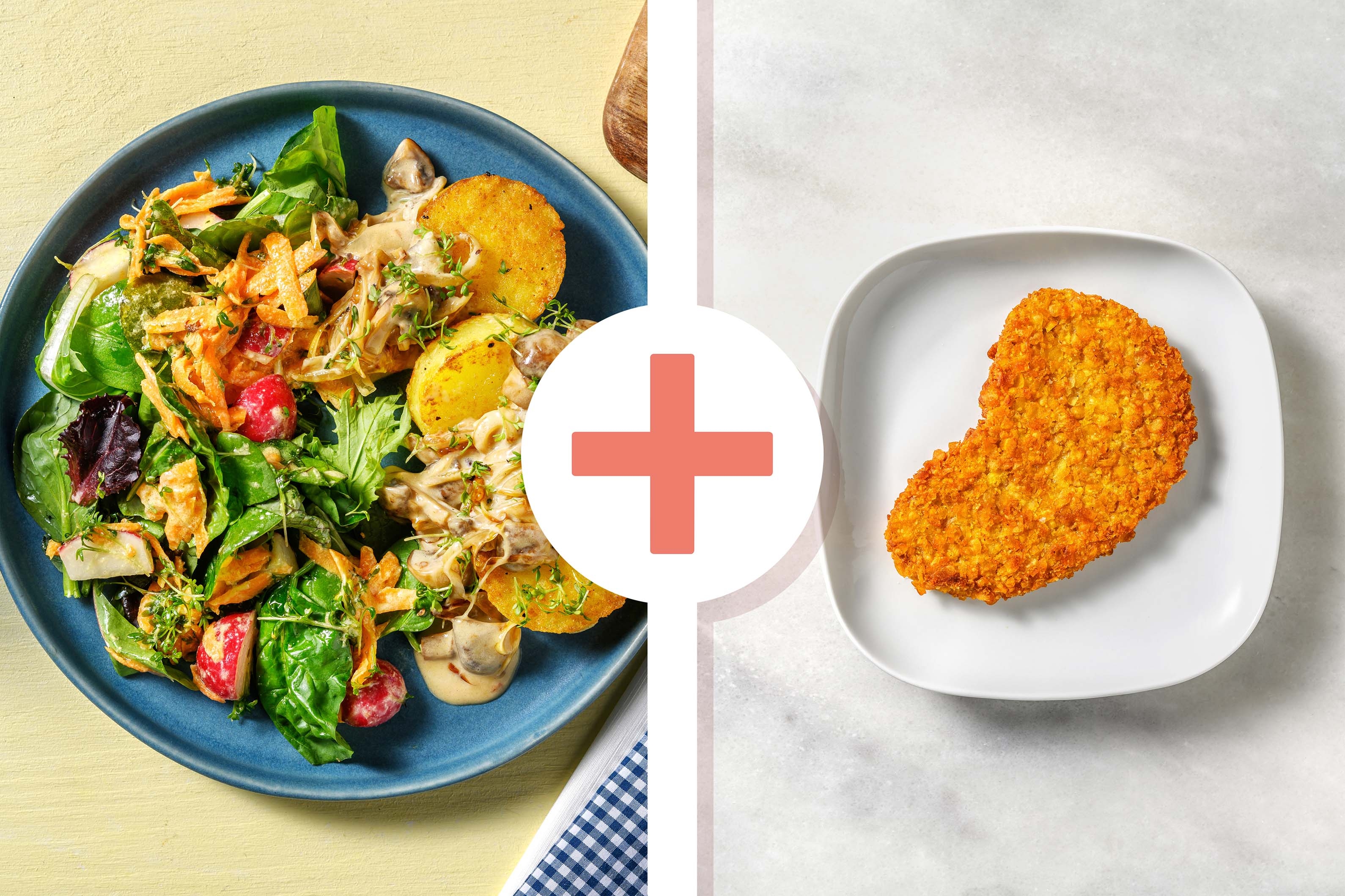 Knödeltaler mit Pilzrahm und veganem Schnitzel