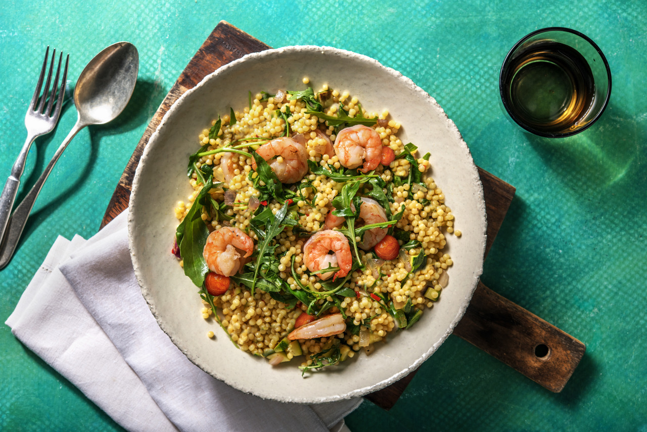 Kruidige parelcouscous met garnalen