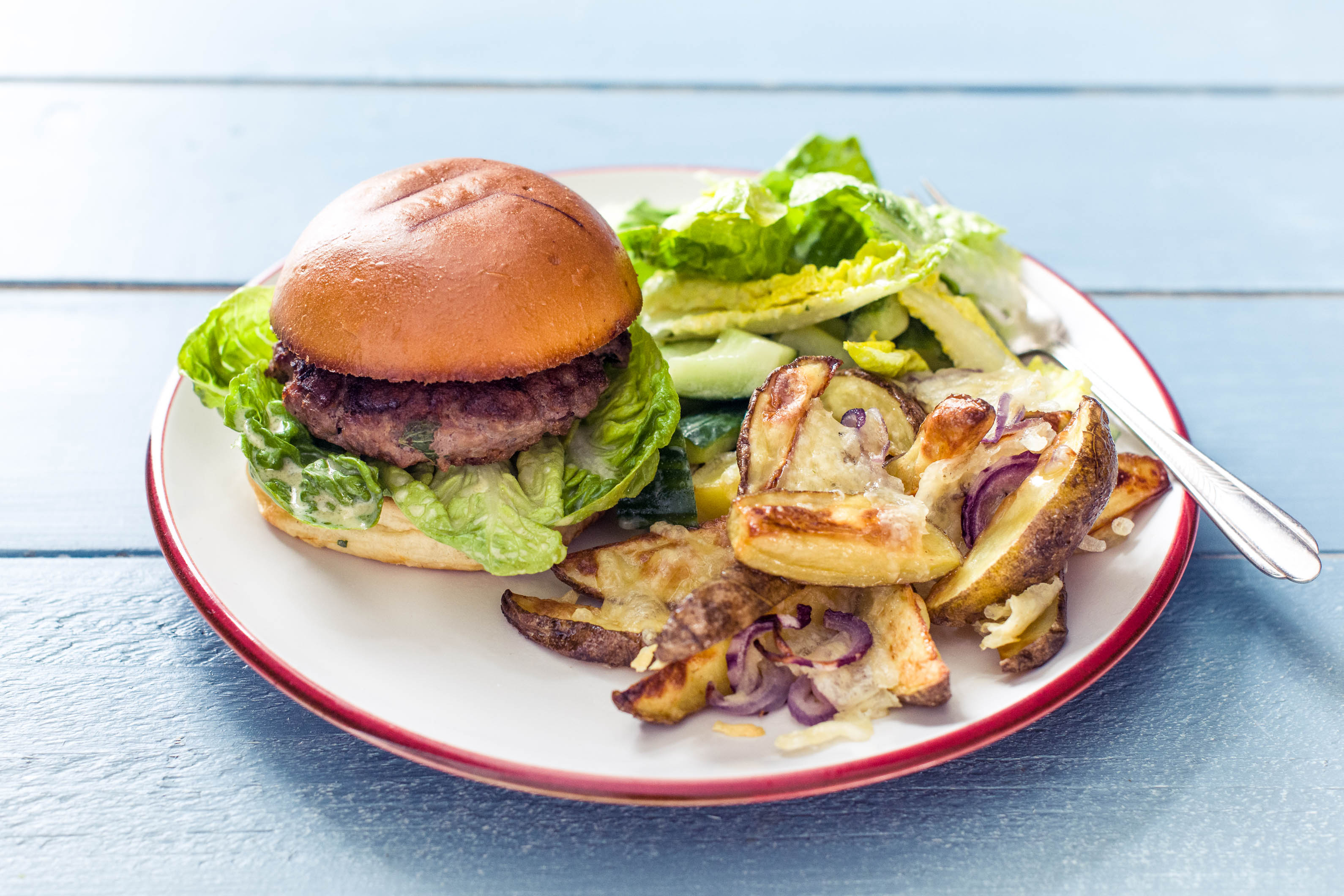 Lamb and Mint Burger with Cheese and Onion Chips