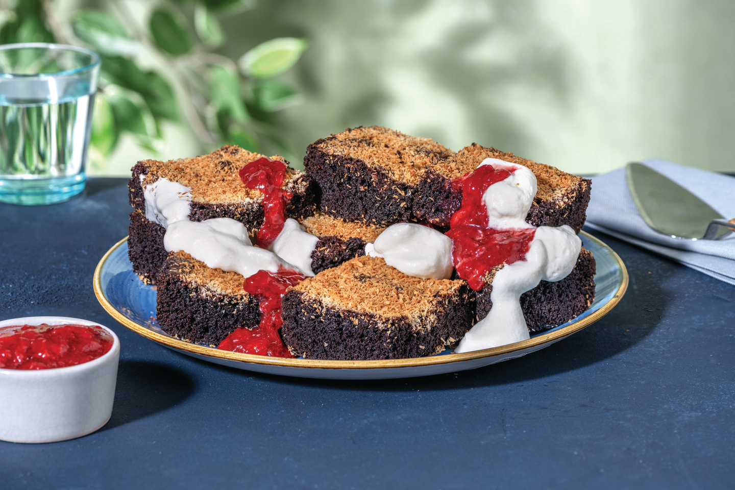 Lamington-Style Chocolate Brownie with Strawberry Compote & Whipped Cream