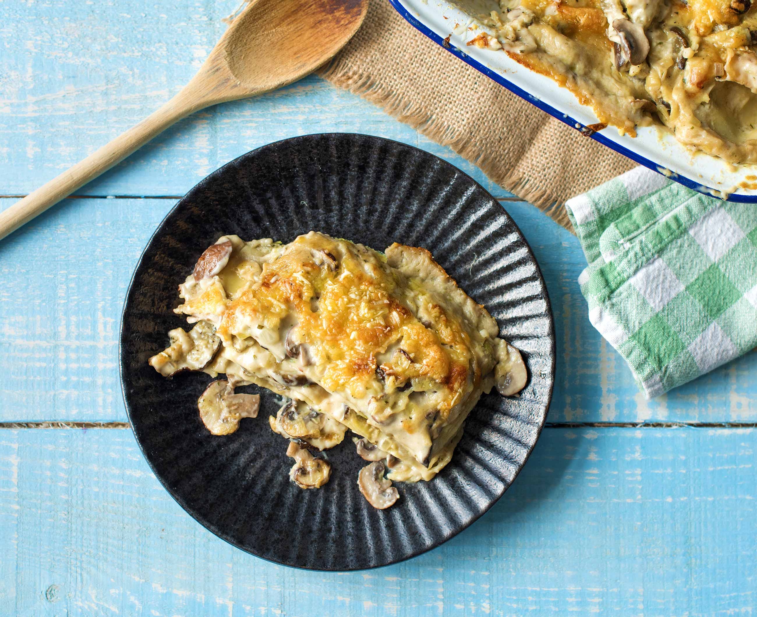 Lasagne bianco met kastanjechampignons en oude kaas