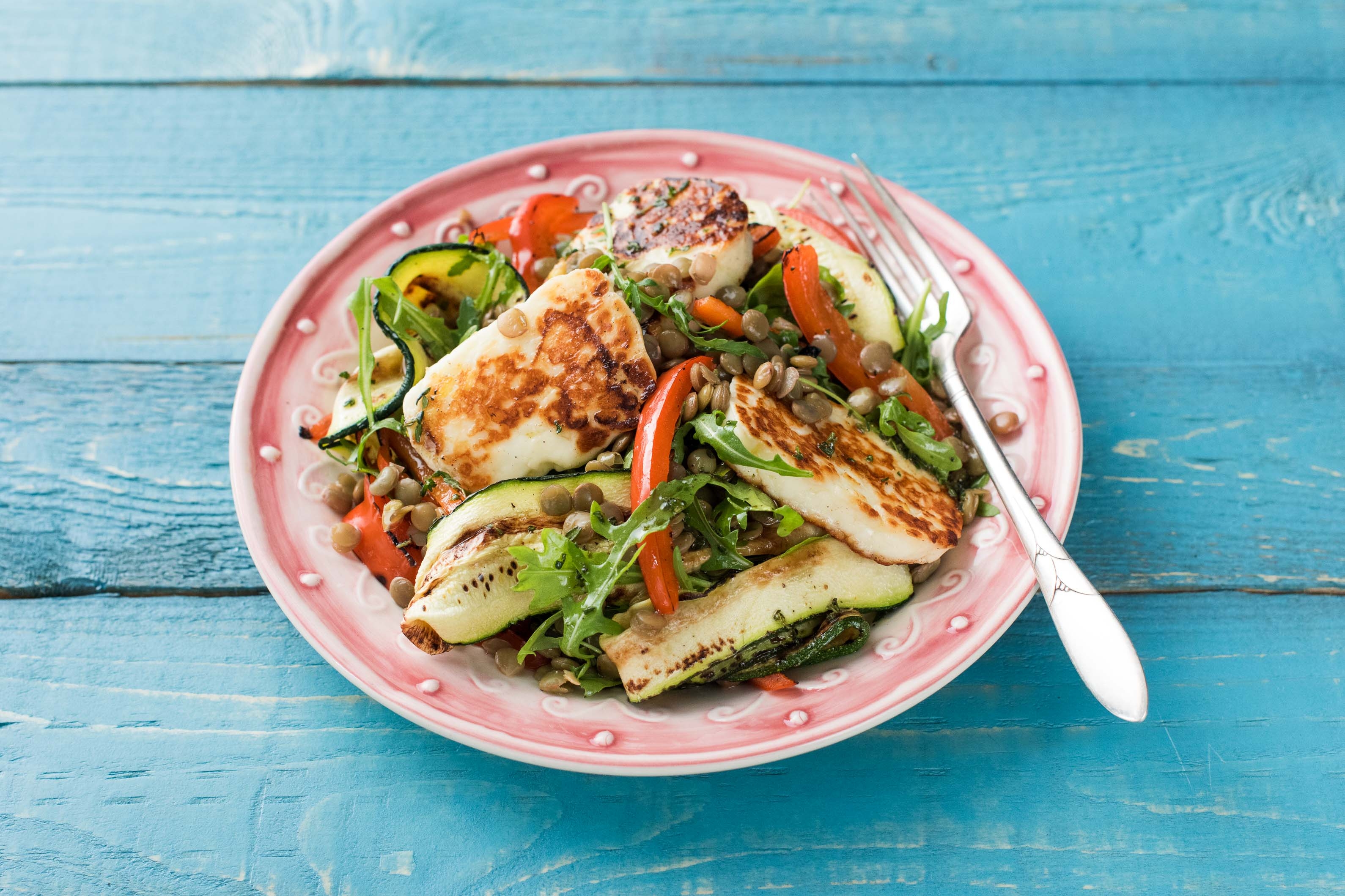 Lentil and Charred Vegetable Halloumi Salad