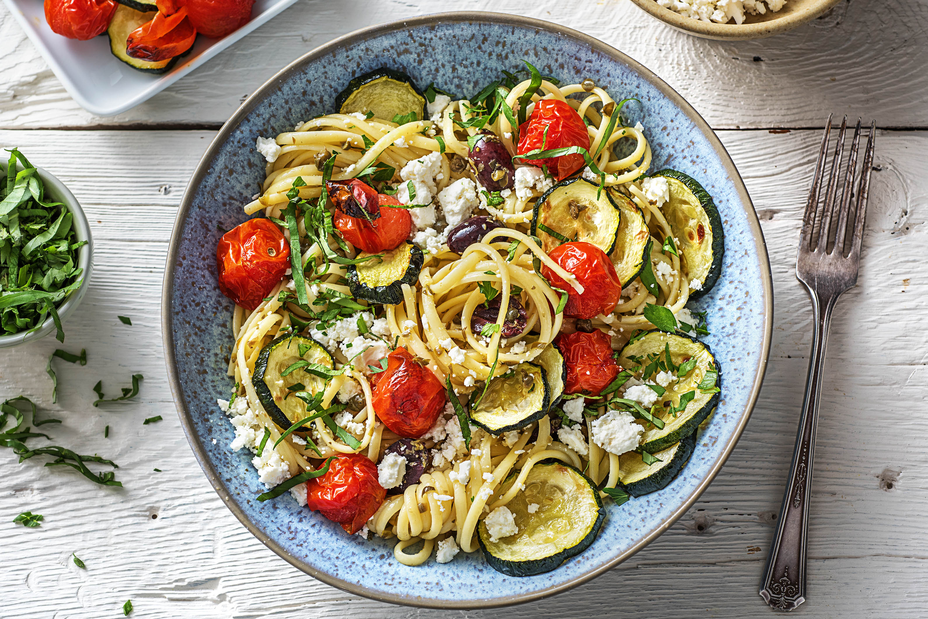 Linguine aux légumes rôtis et à la feta