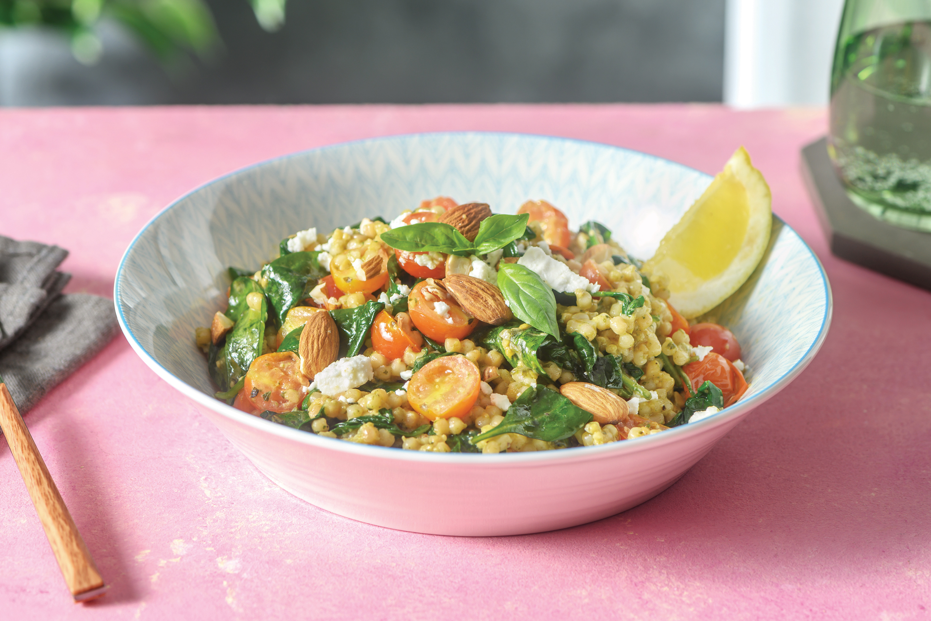 Pesto & Tomato Pearl Couscous Salad with Creamy Fetta & Almonds