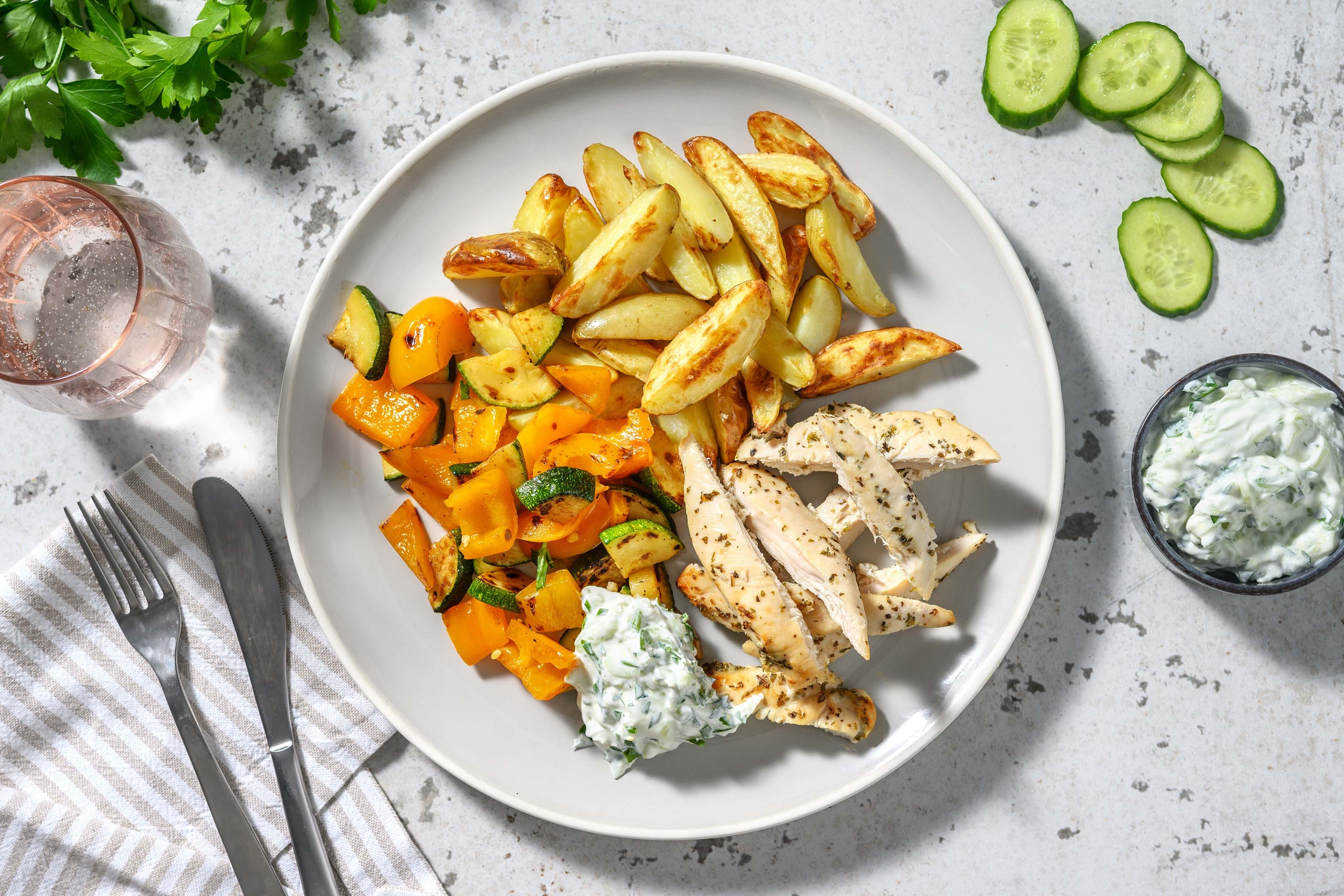 Mediterrane kipfilethaasjes uit de oven met zelfgemaakte tzatziki 