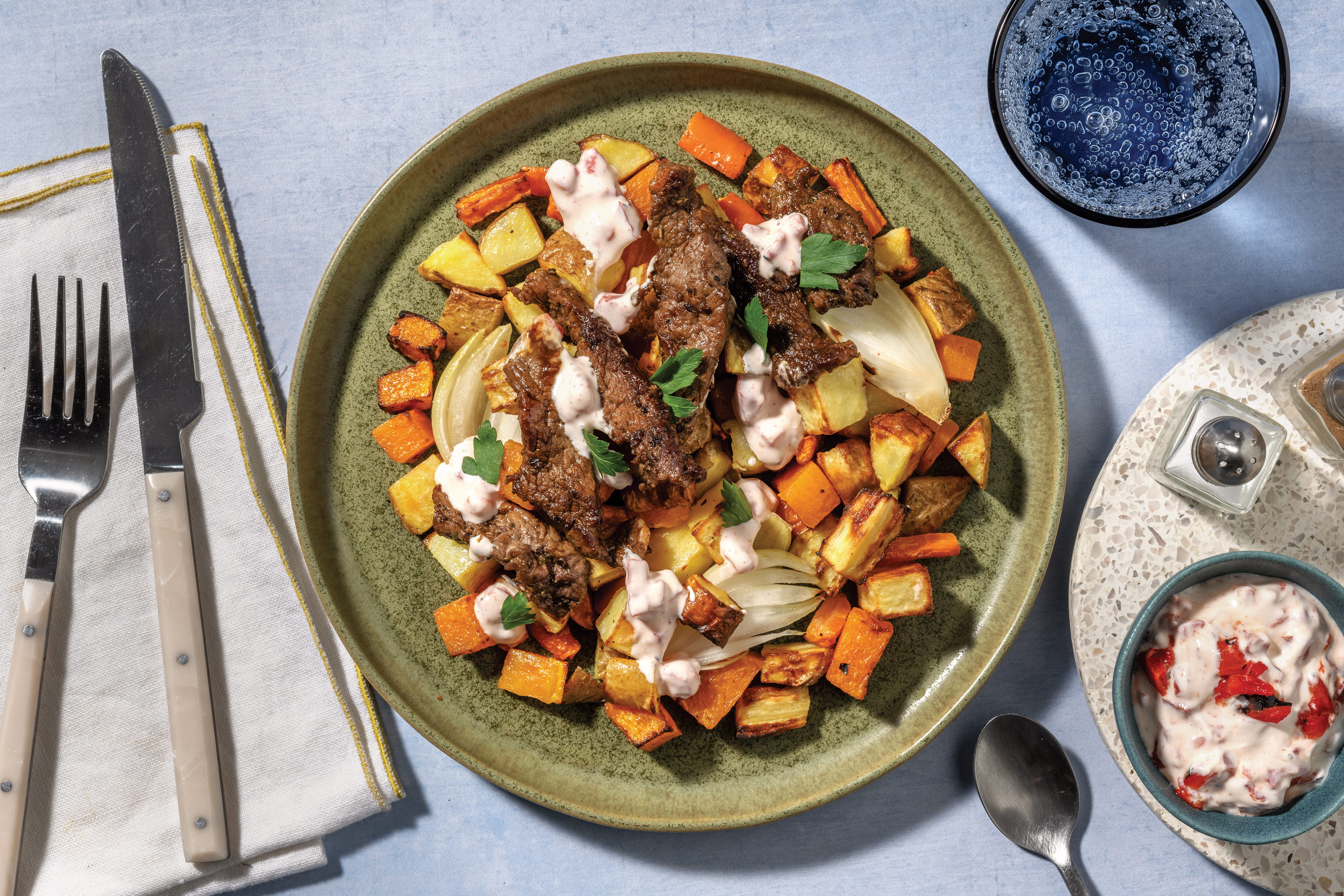 Mediterranean Beef Strips & Roast Veggie Toss