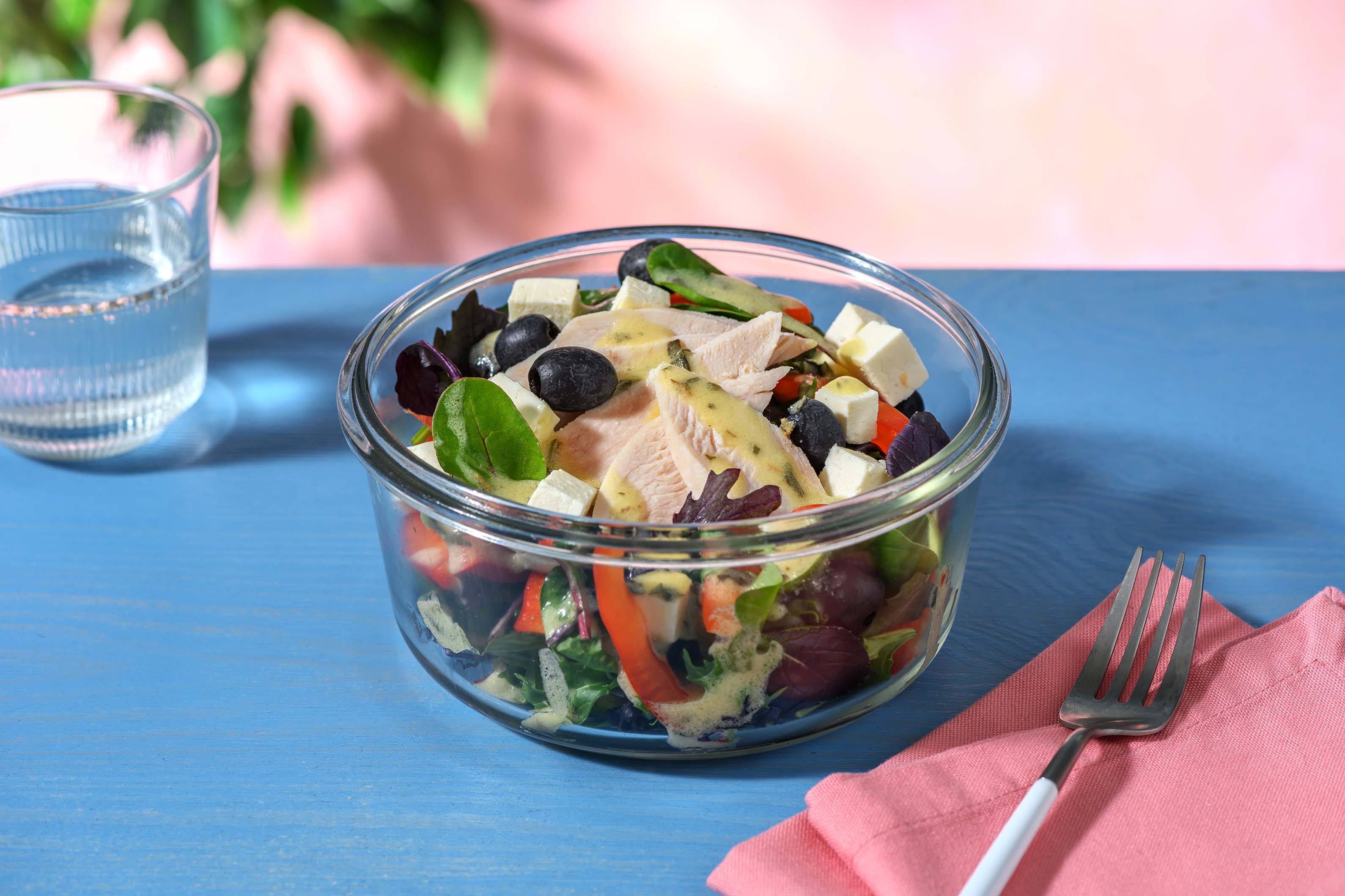 Mediterranean Style Chicken Salad with Bell Pepper, Greek Style Salad Cheese and Olives