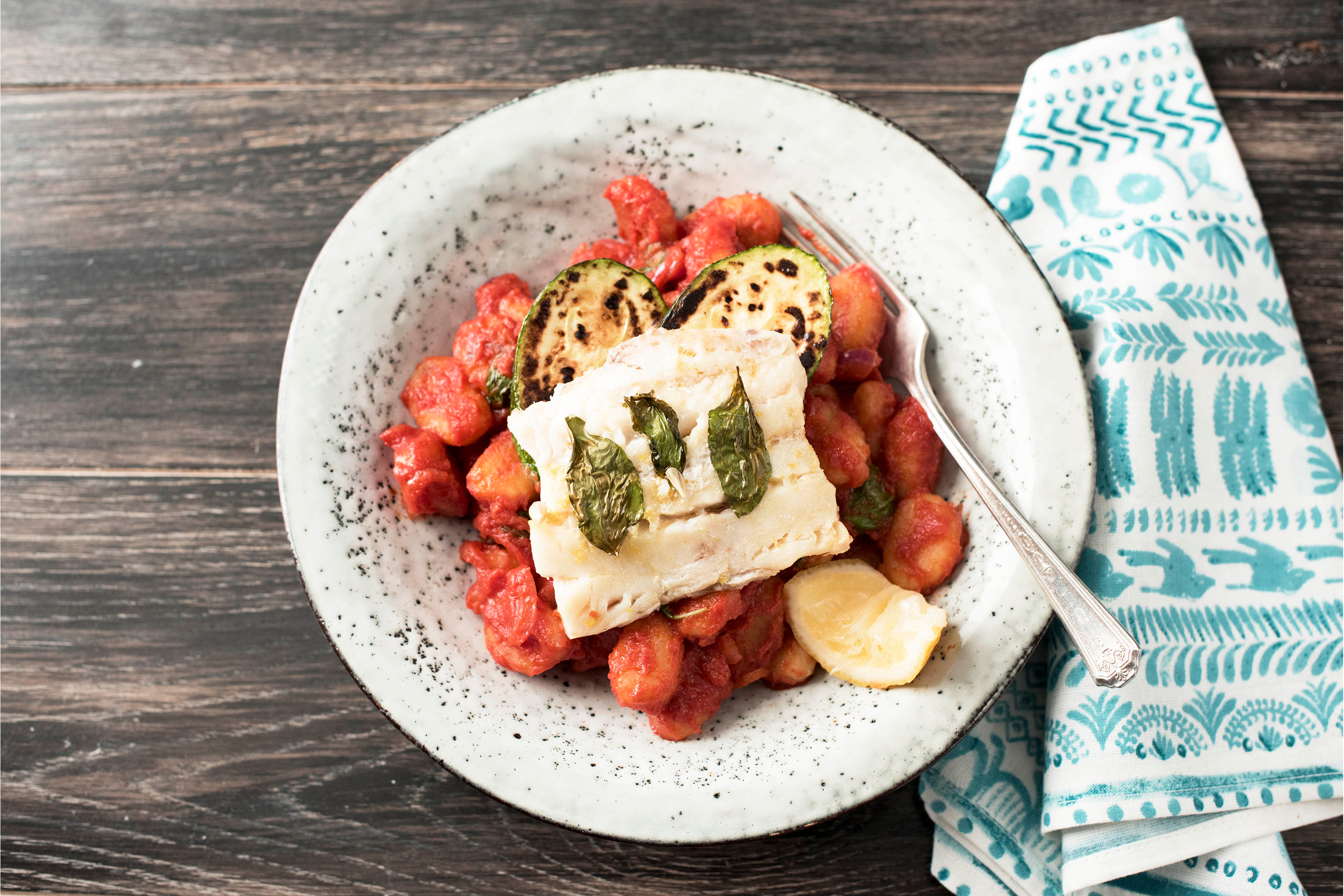 Mediterranean Style Gnocchi with Basil Baked Cod