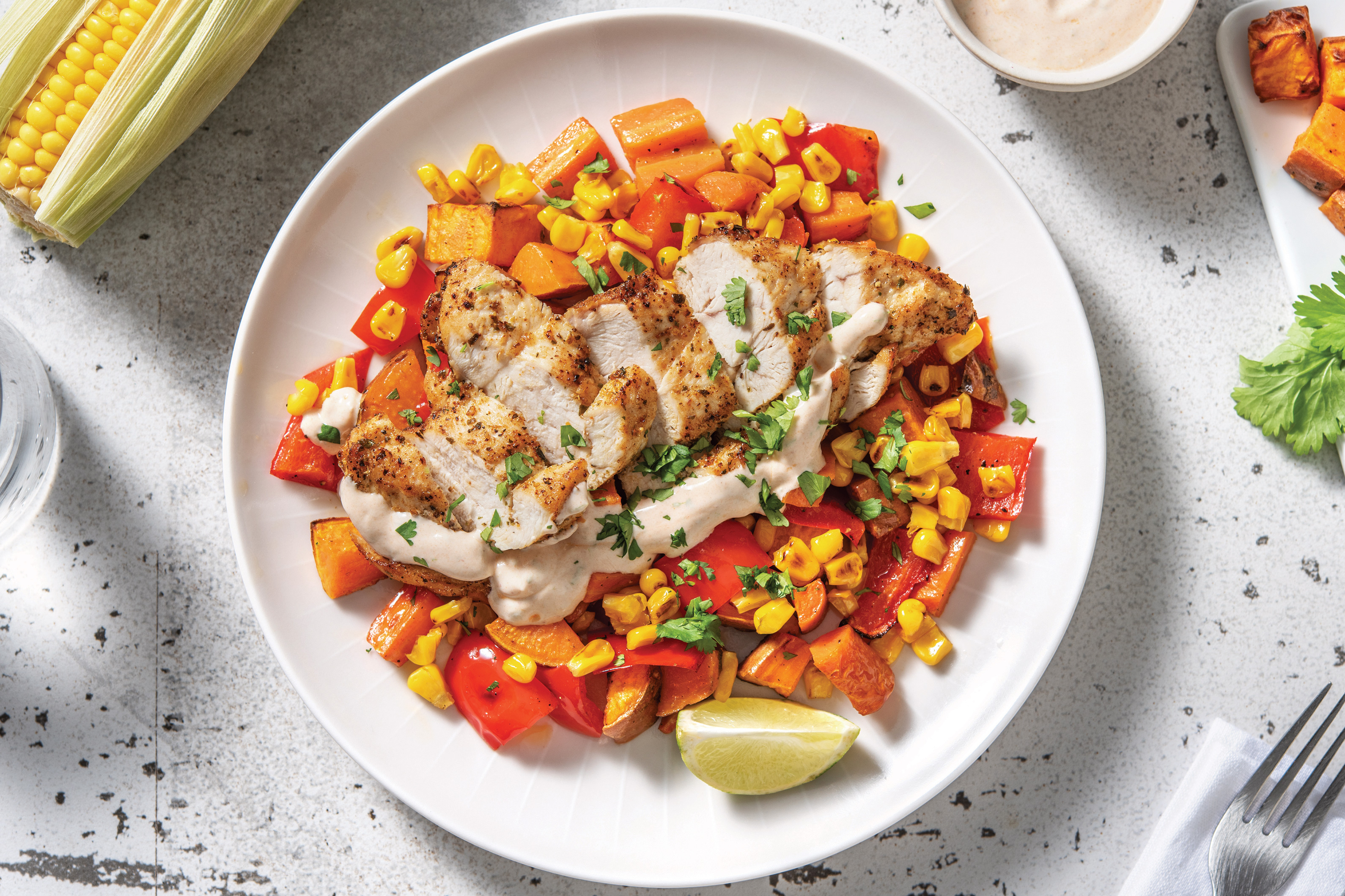 Mexican Chicken & Charred Corn Salad with Roasted Veggies & Chipotle Yoghurt
