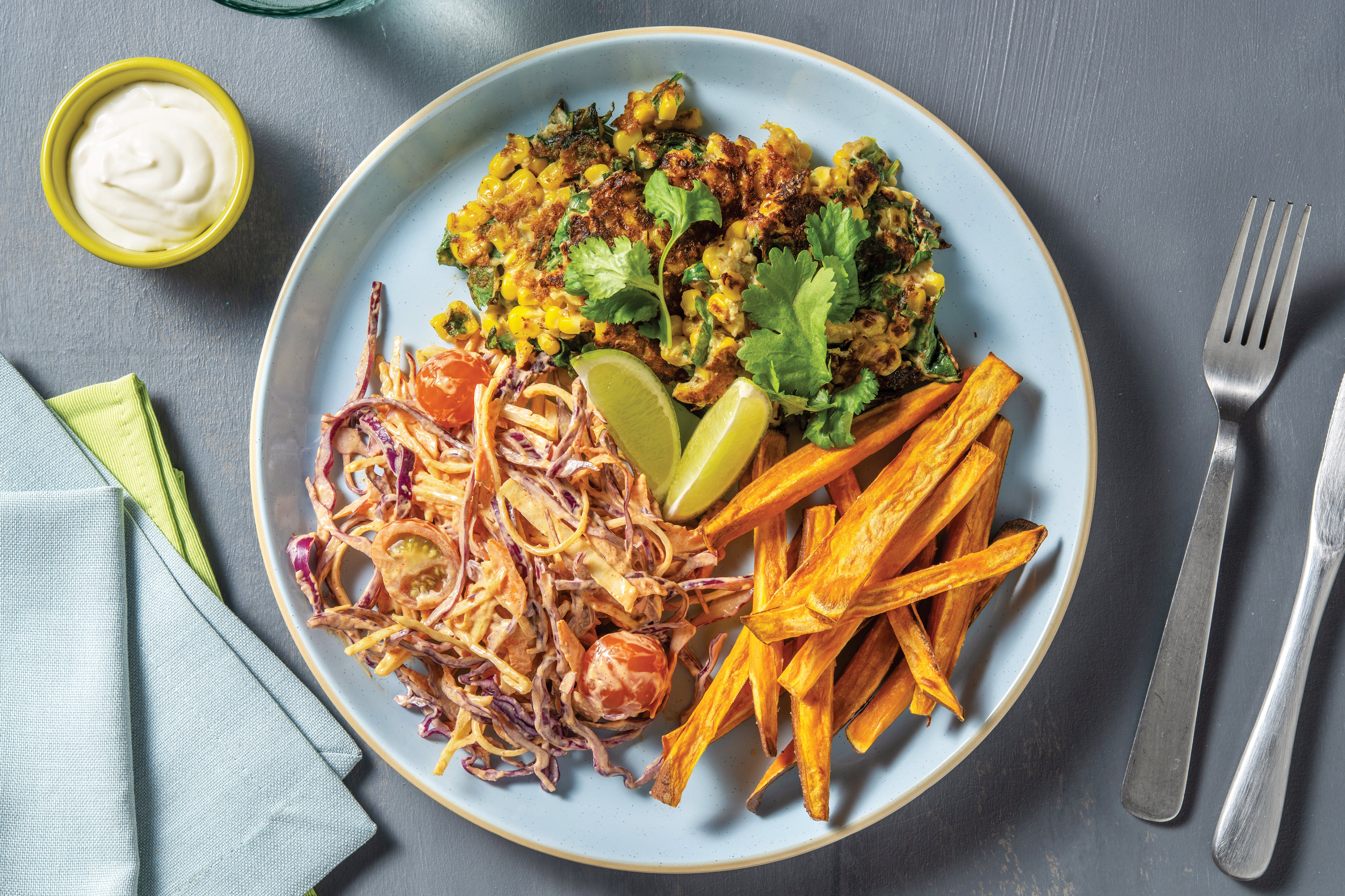 Mexican Corn Fritters & Sweet Potato Fries