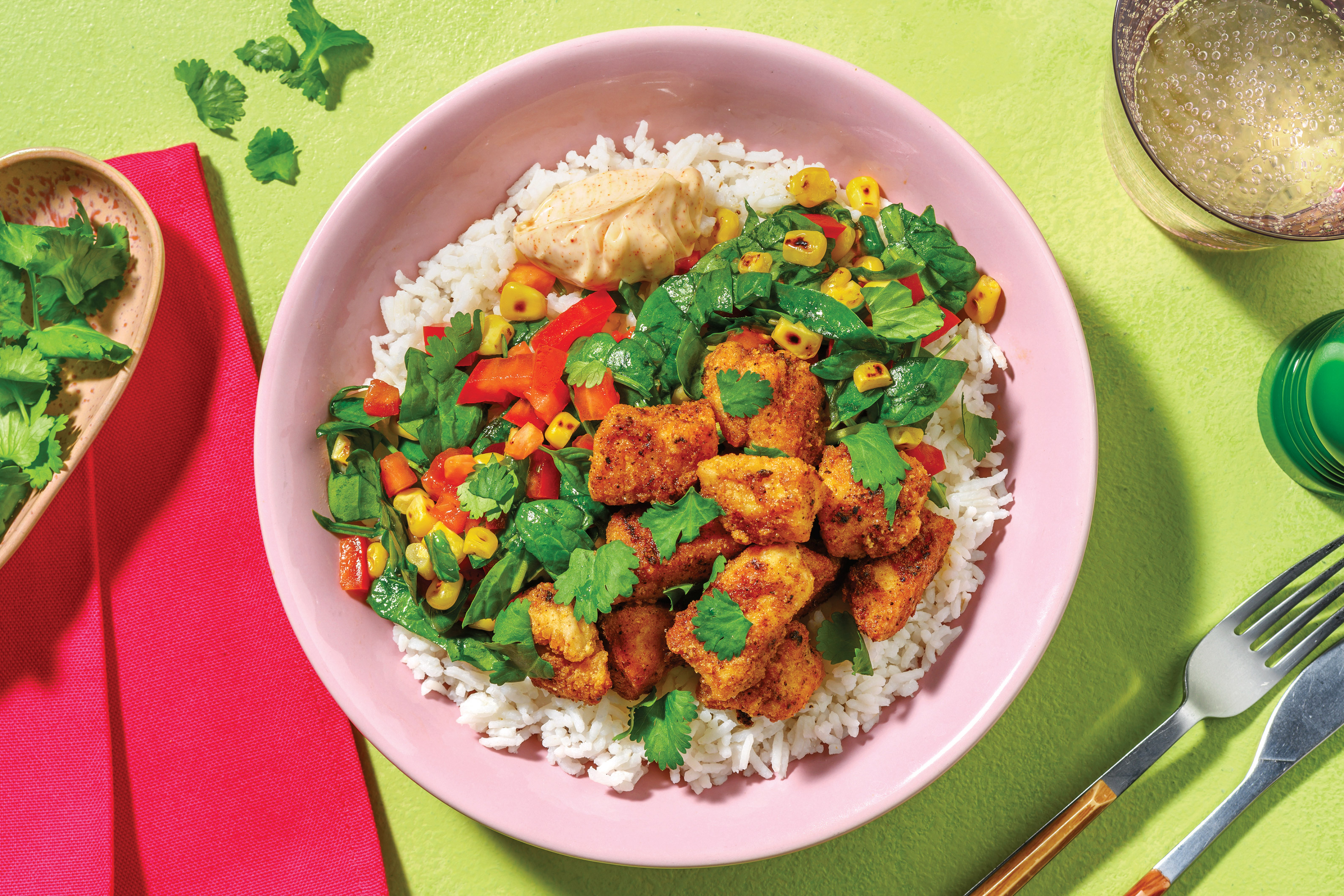 Mexican Popcorn Chicken & Garlic Rice
