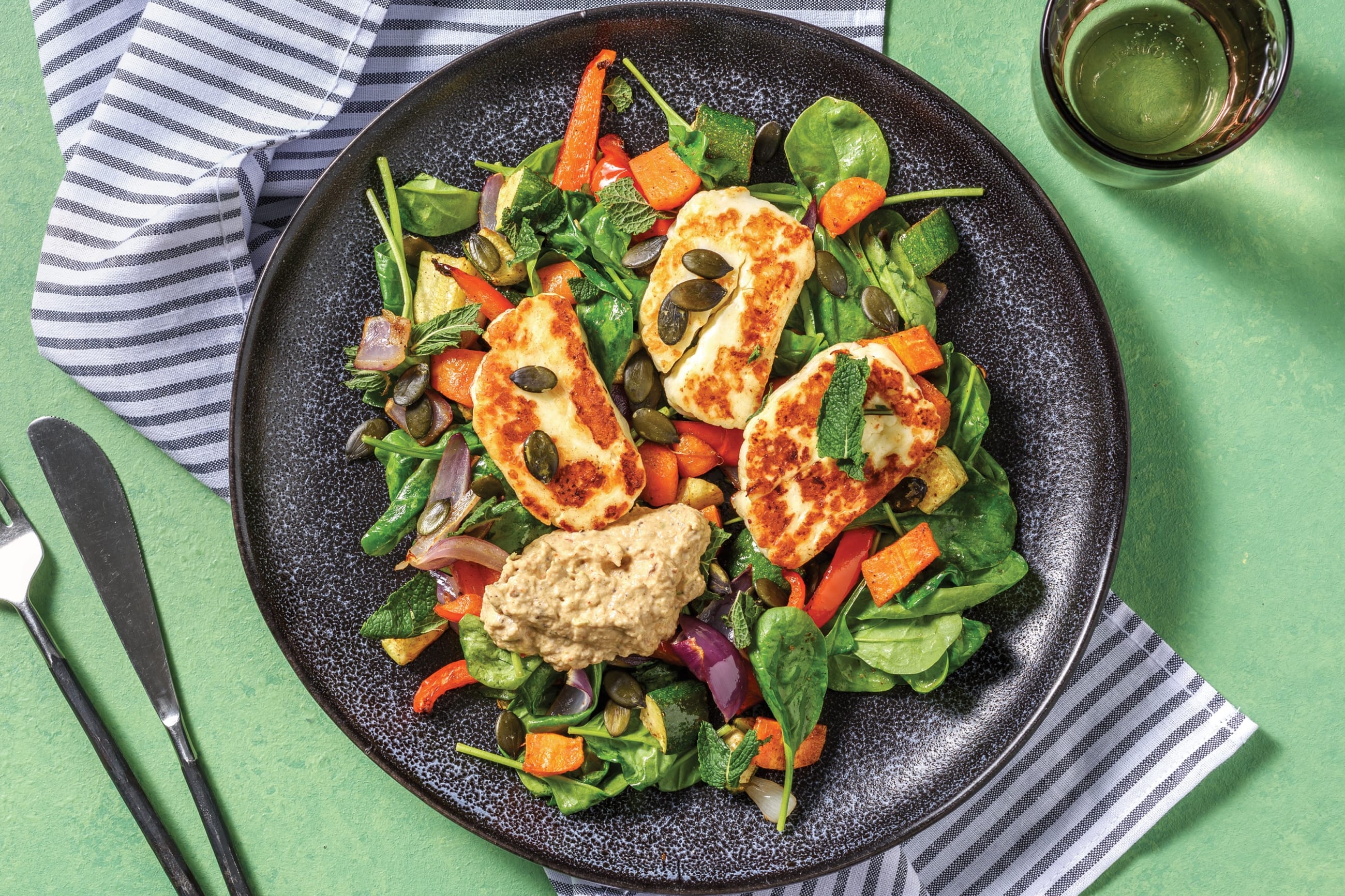 Chermoula Haloumi, Chicken & Rainbow Veggie Toss