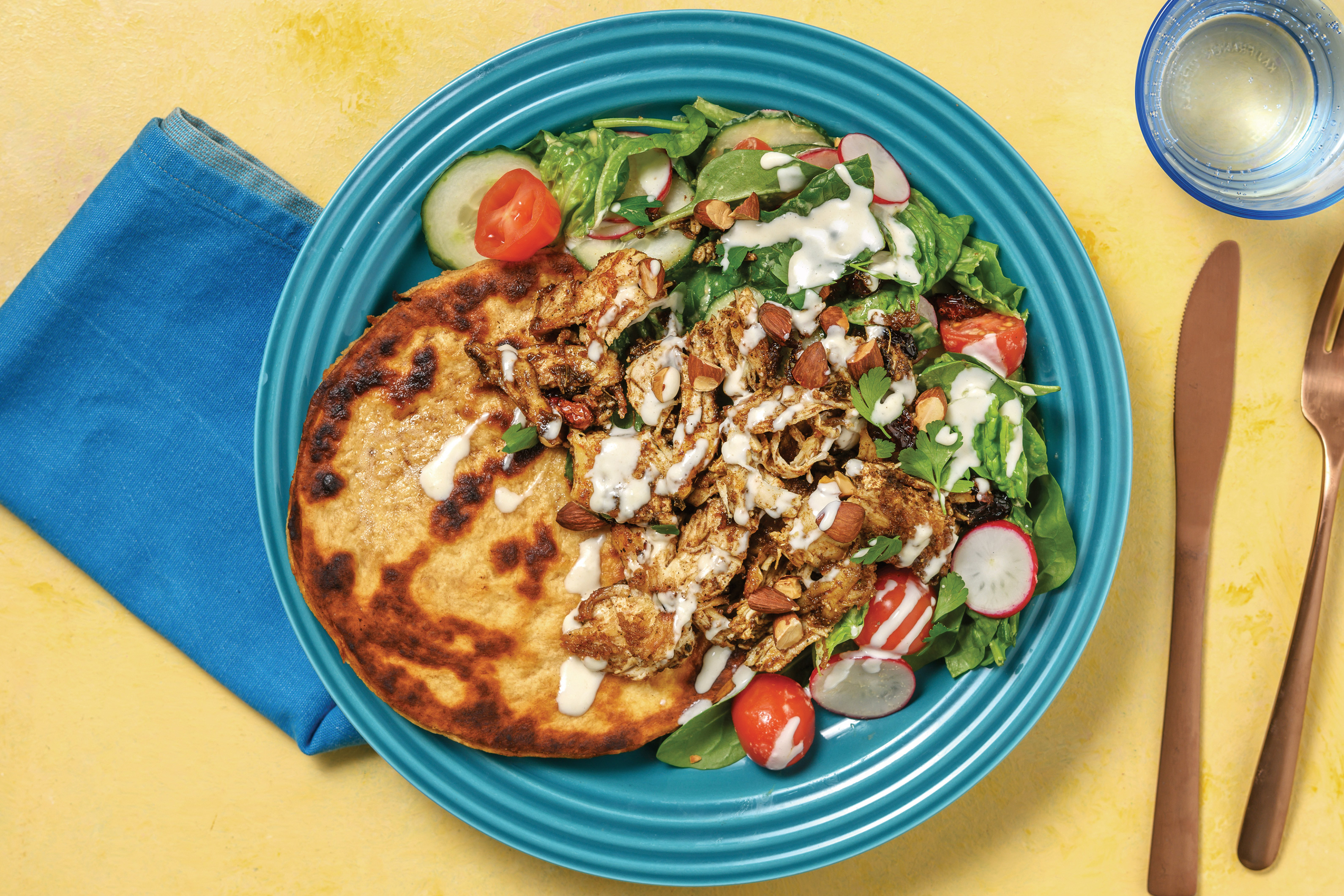 Middle Eastern Pulled Chicken Salad & Flatbread with Tahini Dressing