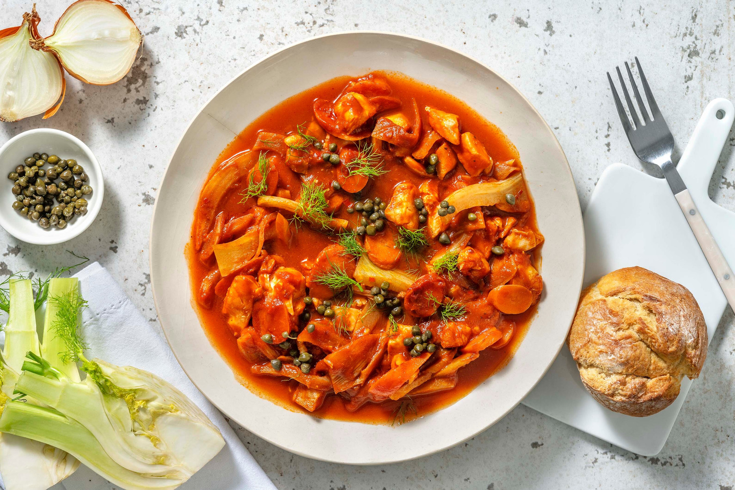 Mijoté de poisson à la sicilienne au fenouil et à la carotte