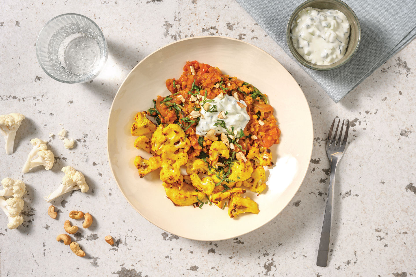 Mild North Indian Lentil Bowl with Turmeric Roasted Cauliflower & Cucumber Raita