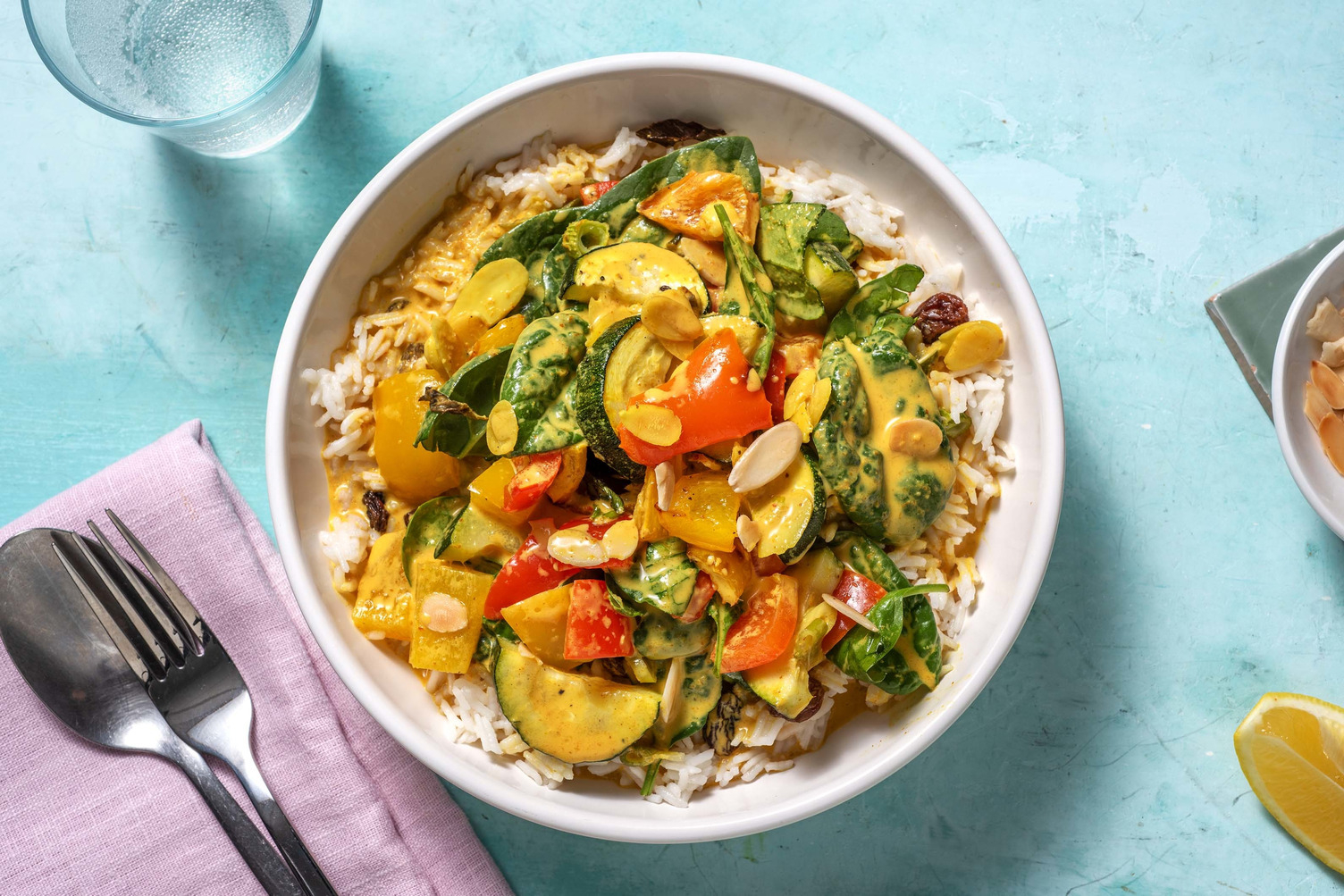 Mildes Mandel-Kokos-Curry mit Rosinenreis