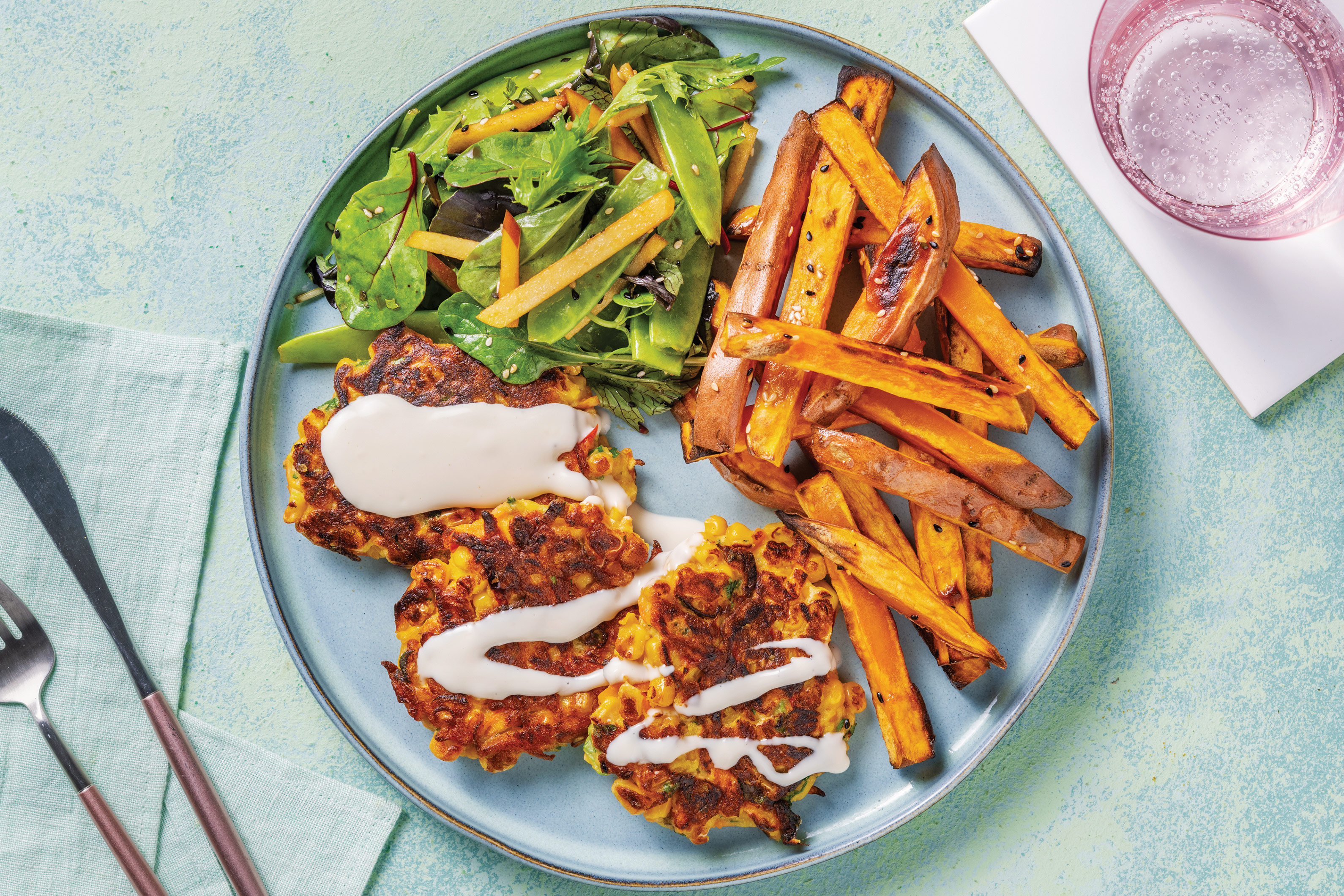 Miso Corn Fritters & Snow Pea Salad