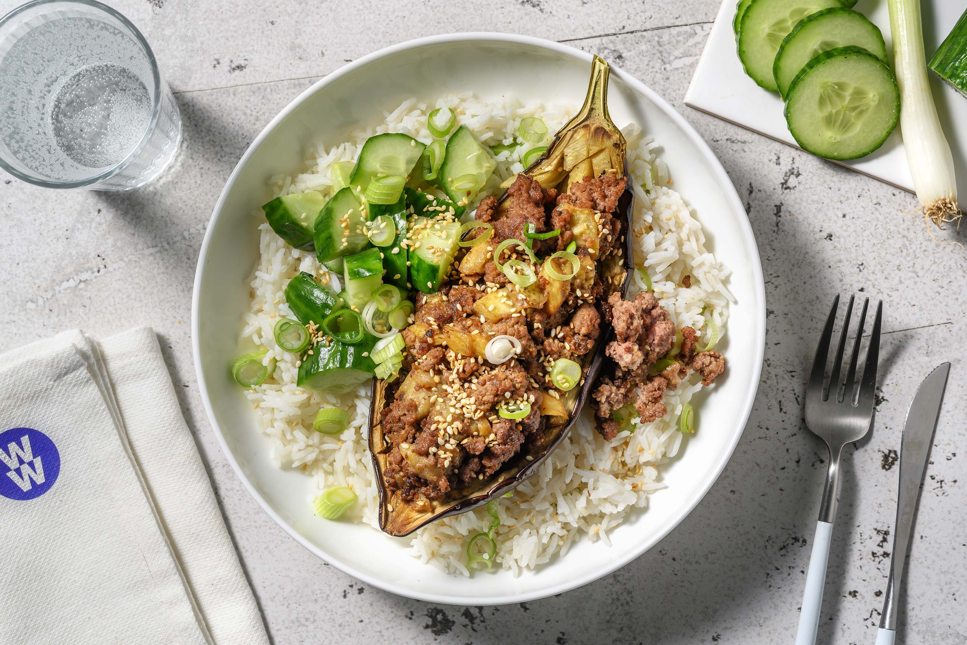 Miso Teriyaki Beef Stuffed Aubergines
