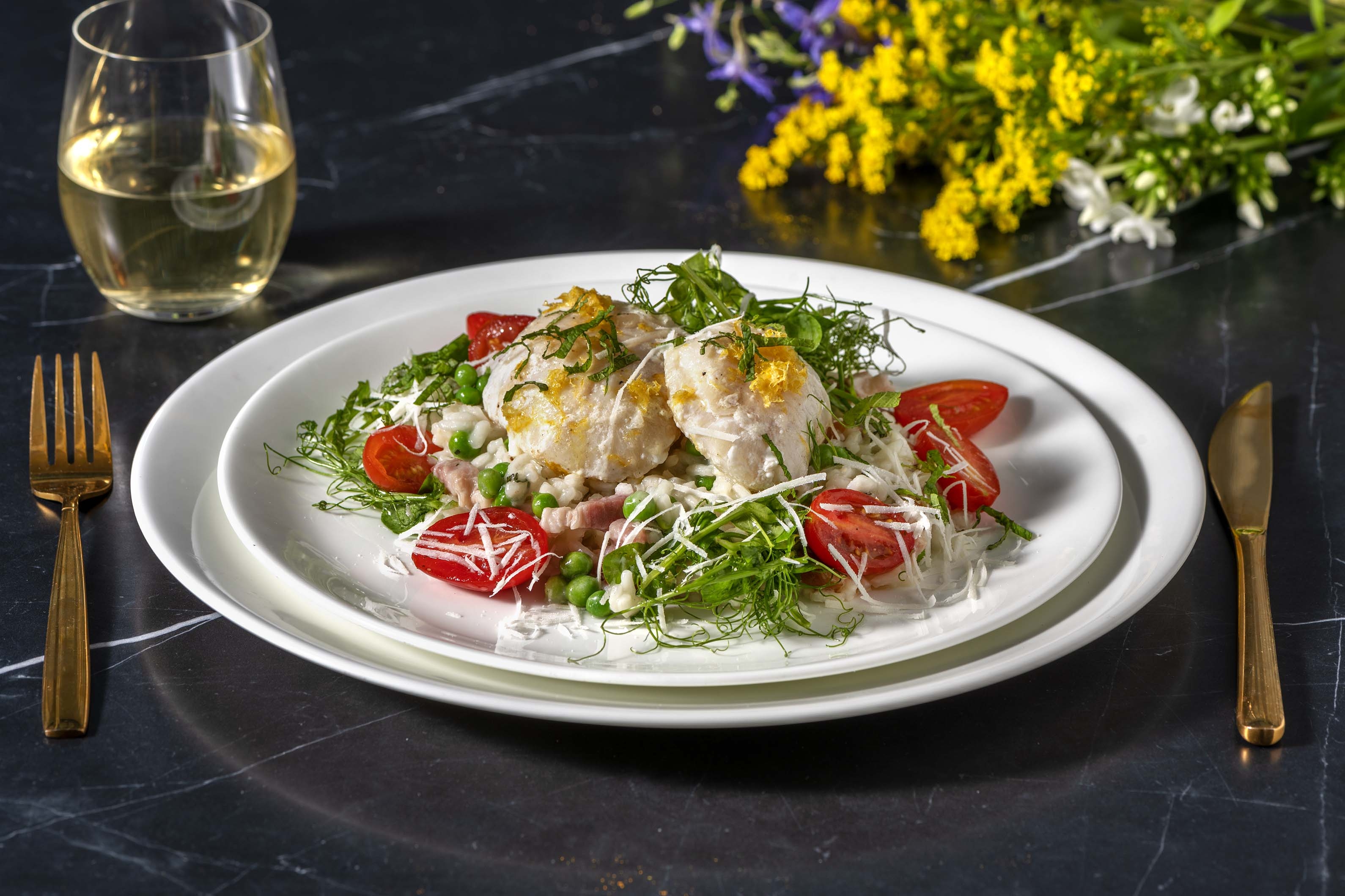 Pan-Fried Monkfish, Bacon & Pea Risotto