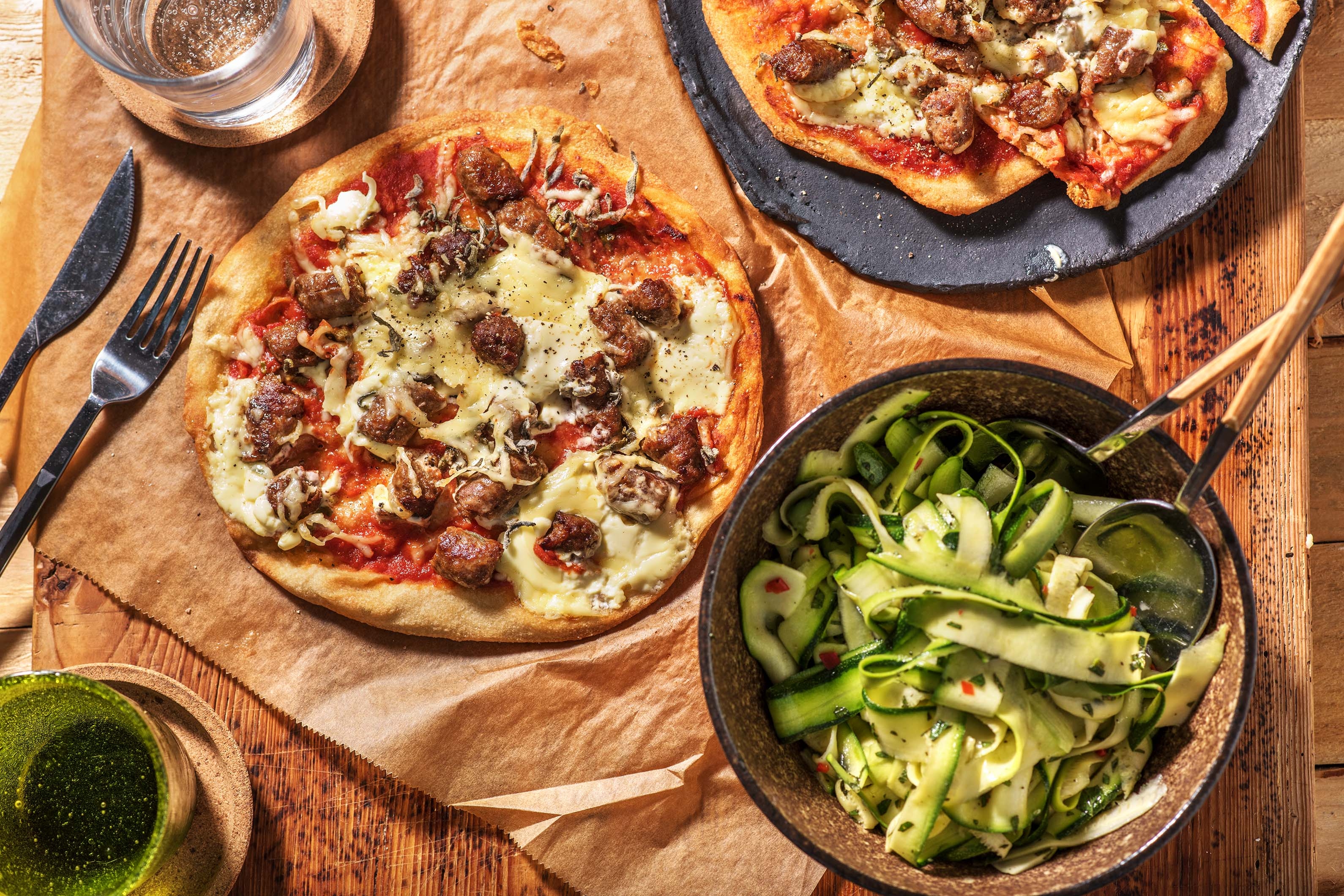 Naanpizza met rundermerquez, ricotta en salie