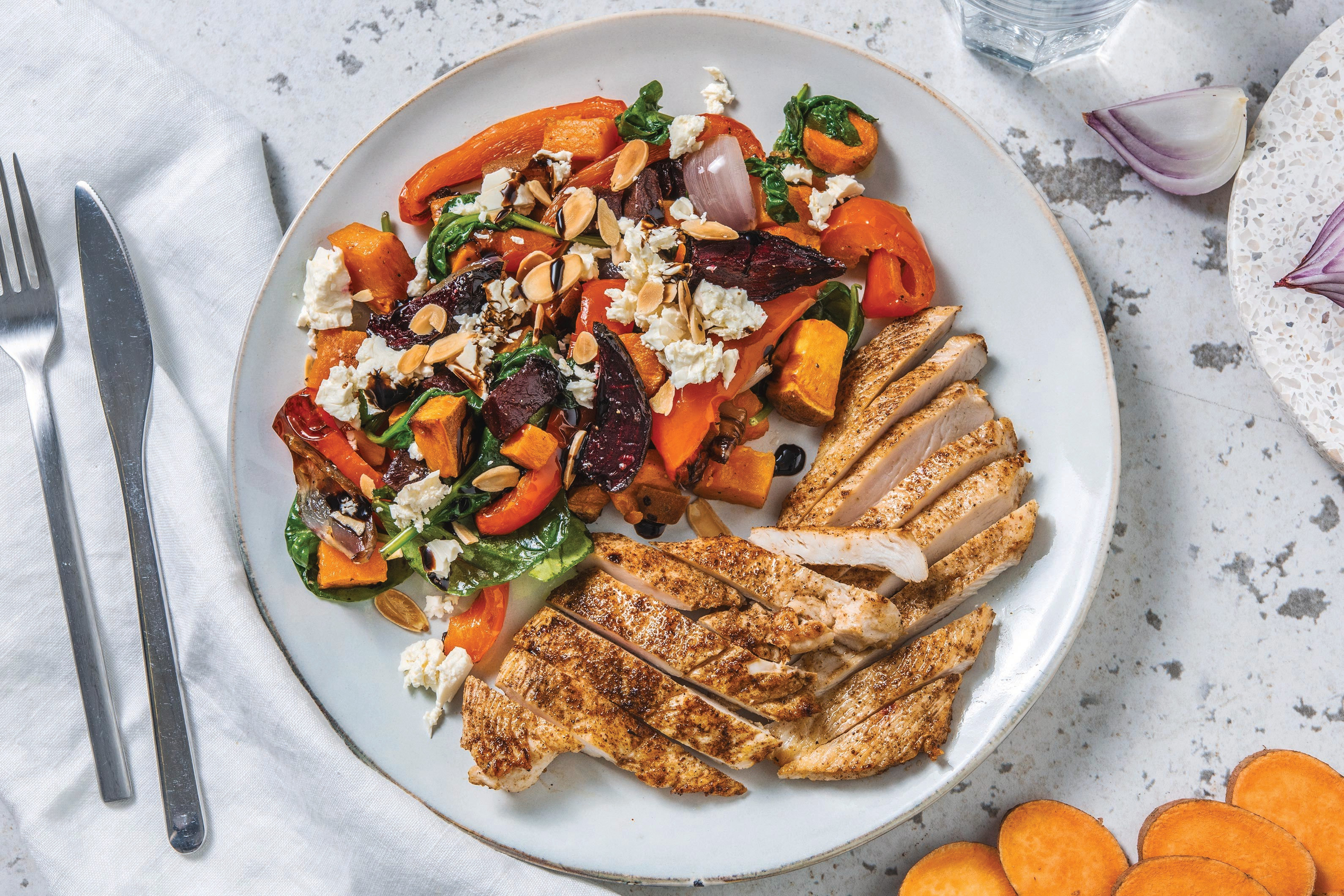 Nan's Chicken & Roast Veggie Toss with Fetta & Balsamic Glaze