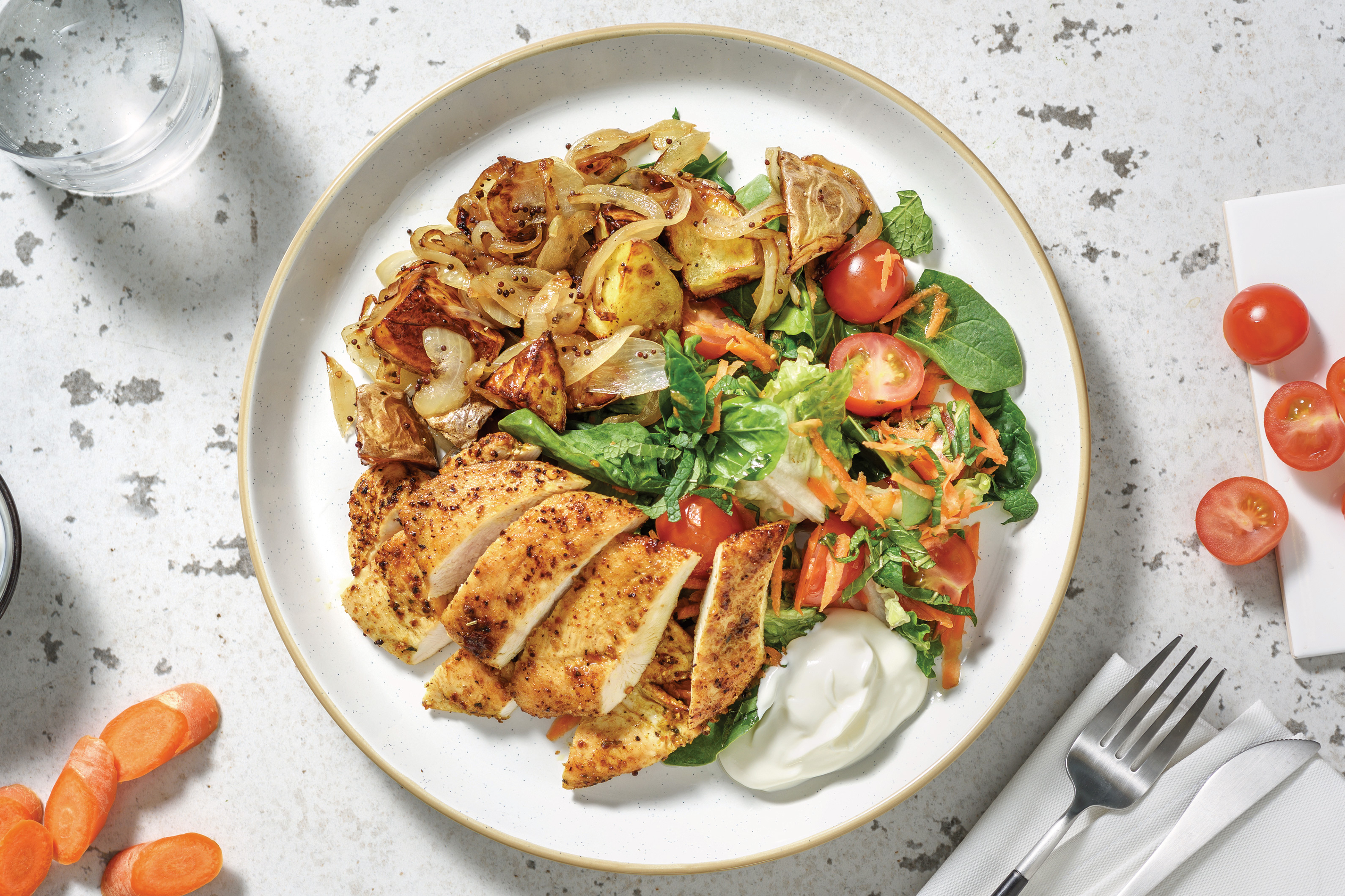 Indian Chicken Steaks with Spiced Potatoes & Cherry Tomato Salad