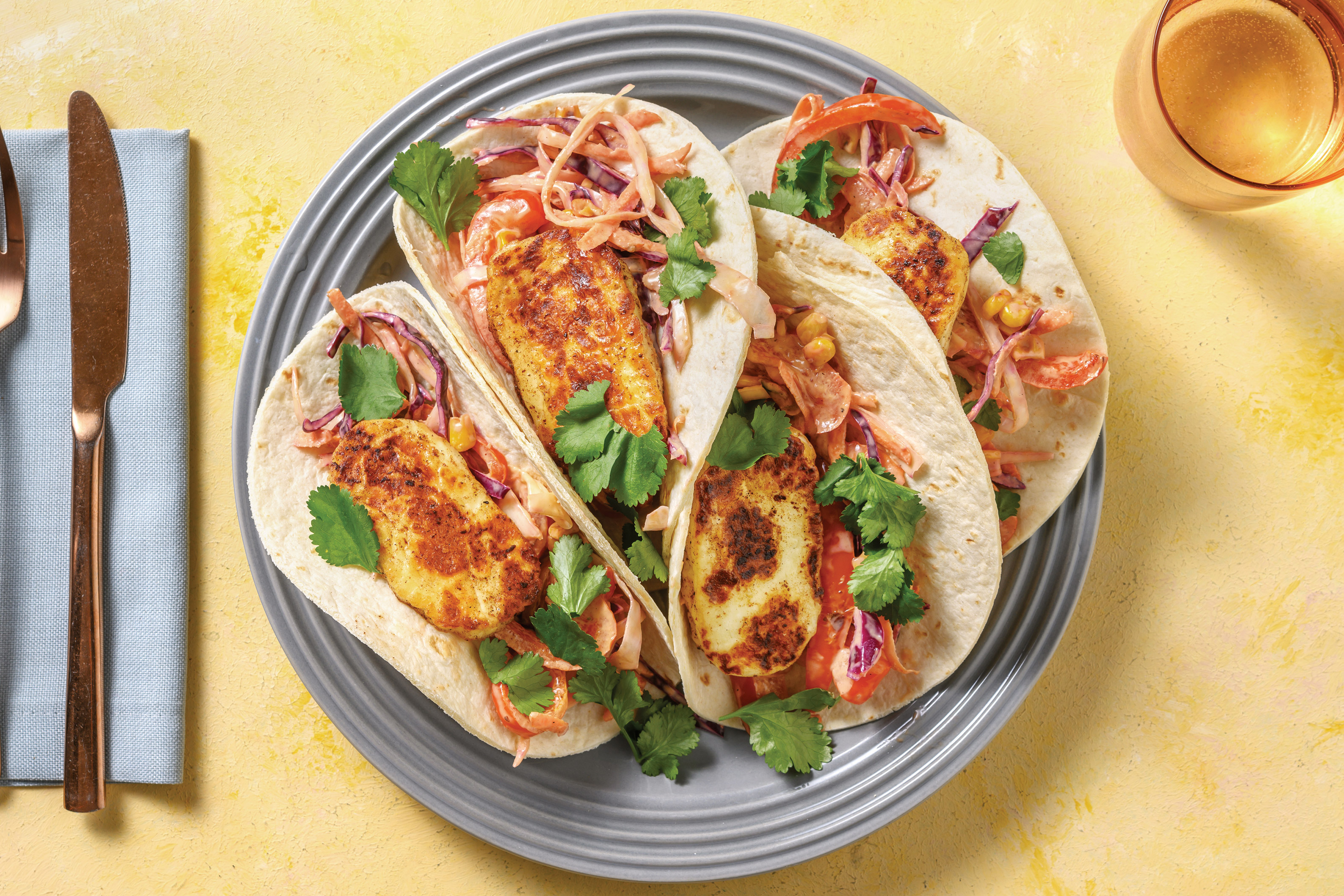 Spiced Haloumi Tacos with BBQ Mayo & Corn Slaw