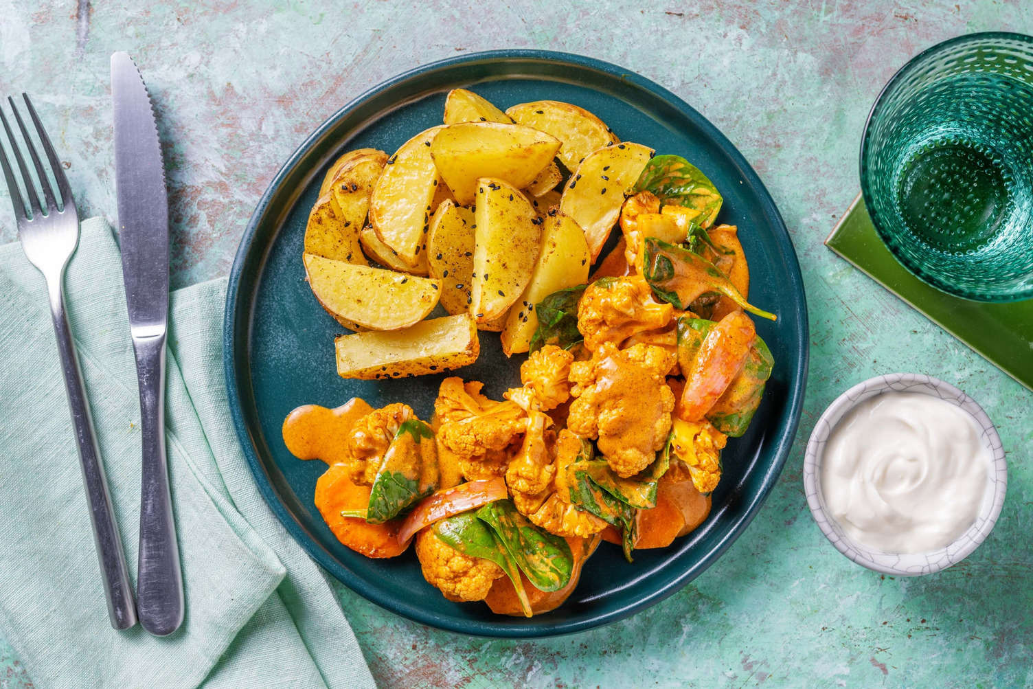 Ofen-Blumenkohl in Dalsoße mit Nigella-Kartoffeln