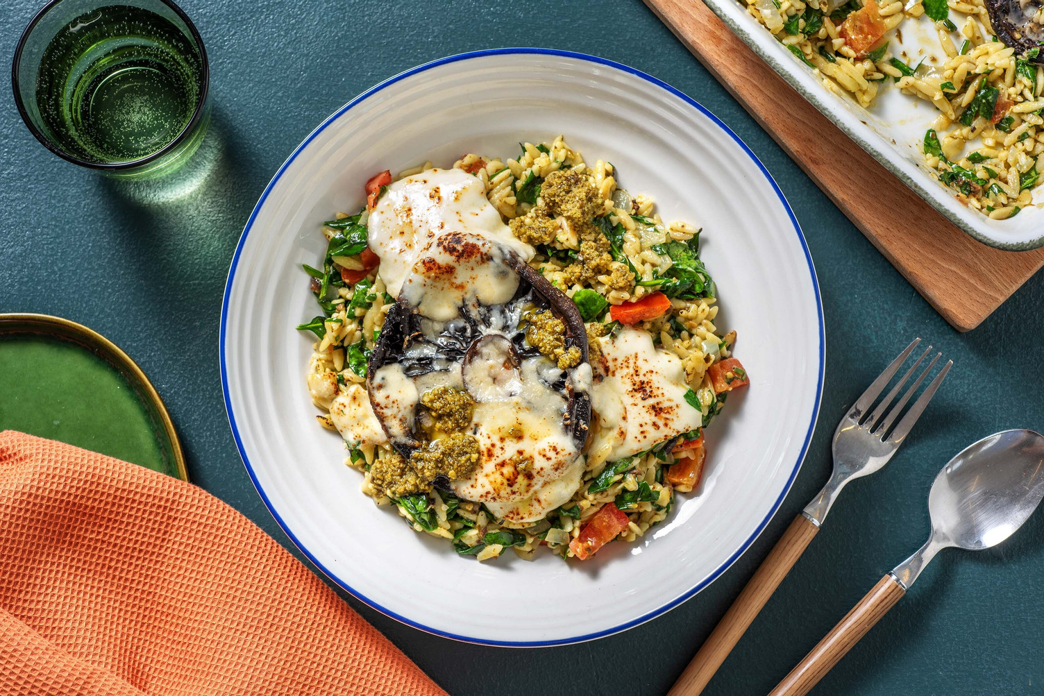 Mozzarella and Portobello Topped Orzo