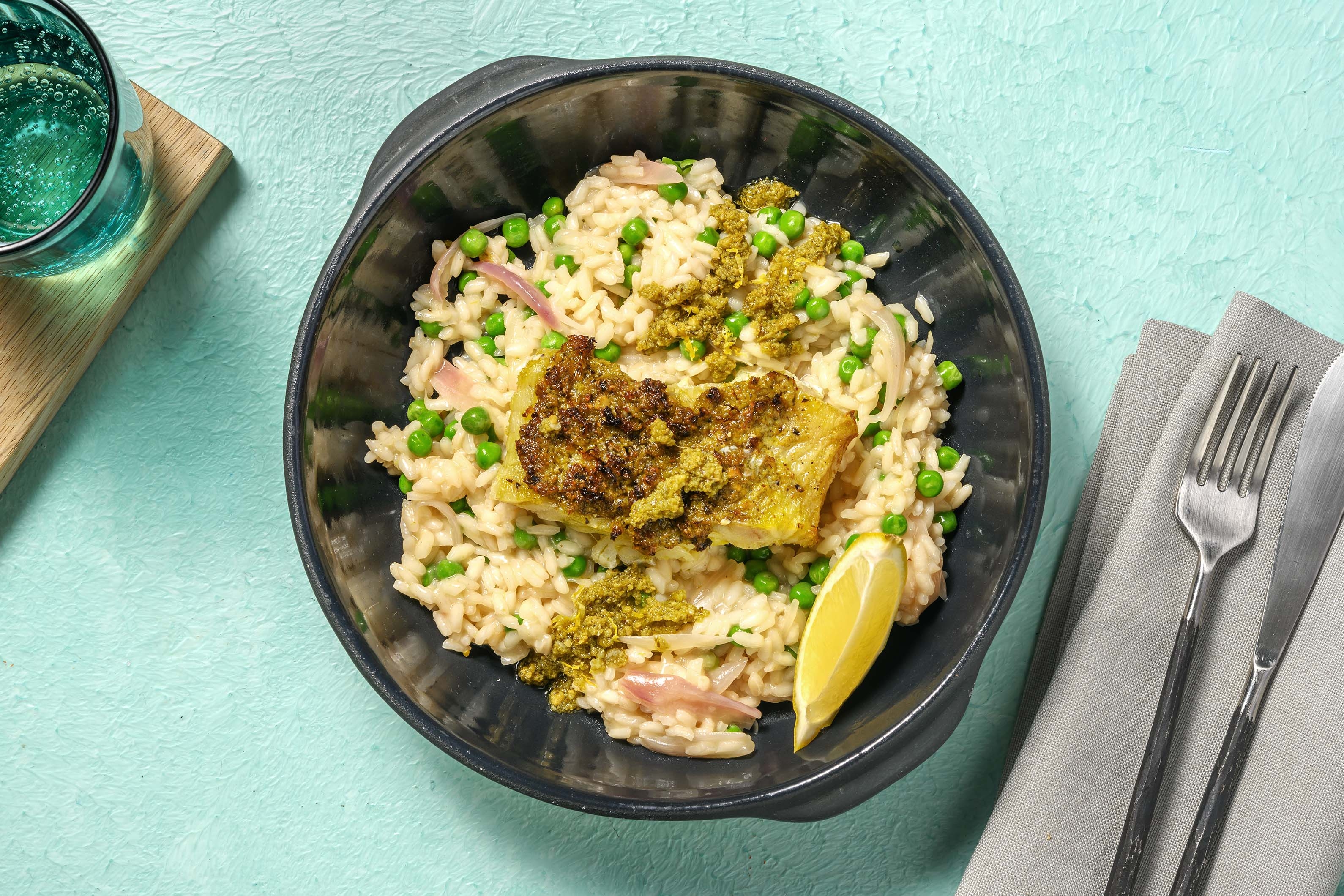 Oven-Baked Pesto Cod and Zesty Risotto