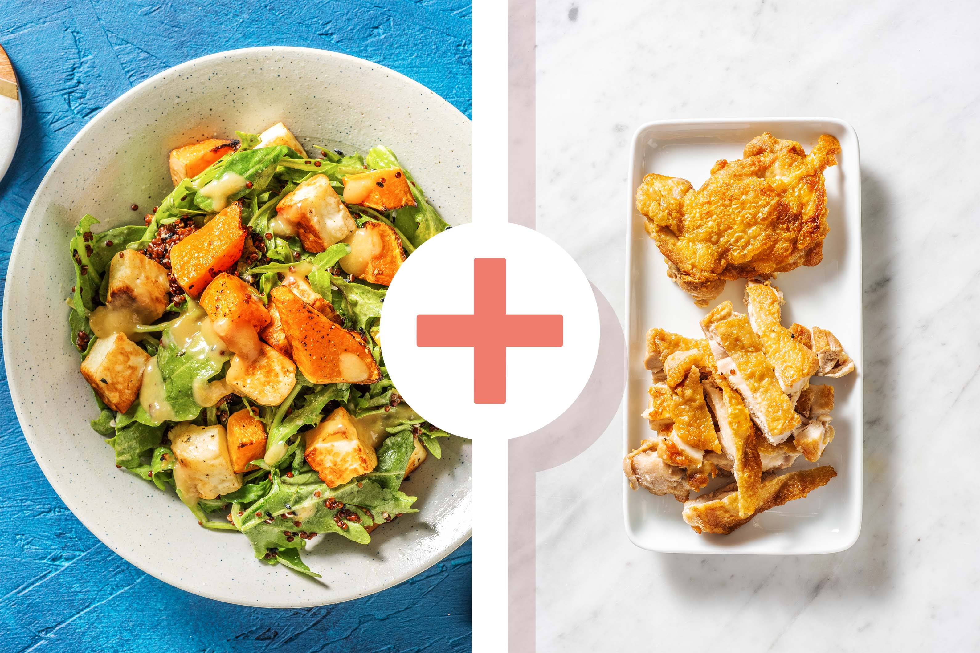 Pan Fried Chicken Thigh, Roasted Butternut, Quinoa and Halloumi Salad