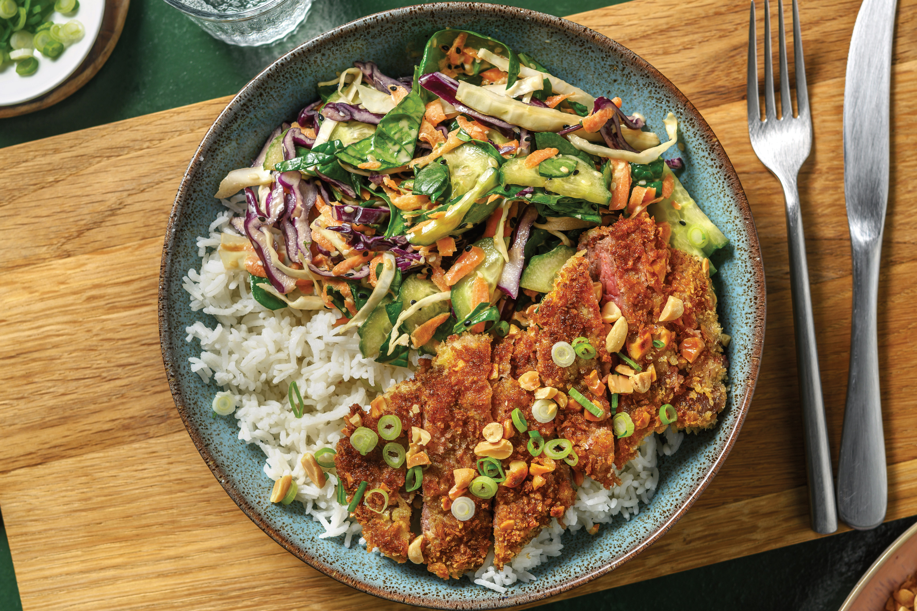 Peanut-Crumbed Beef Schnitzel & Japanese-Style Cucumber Slaw