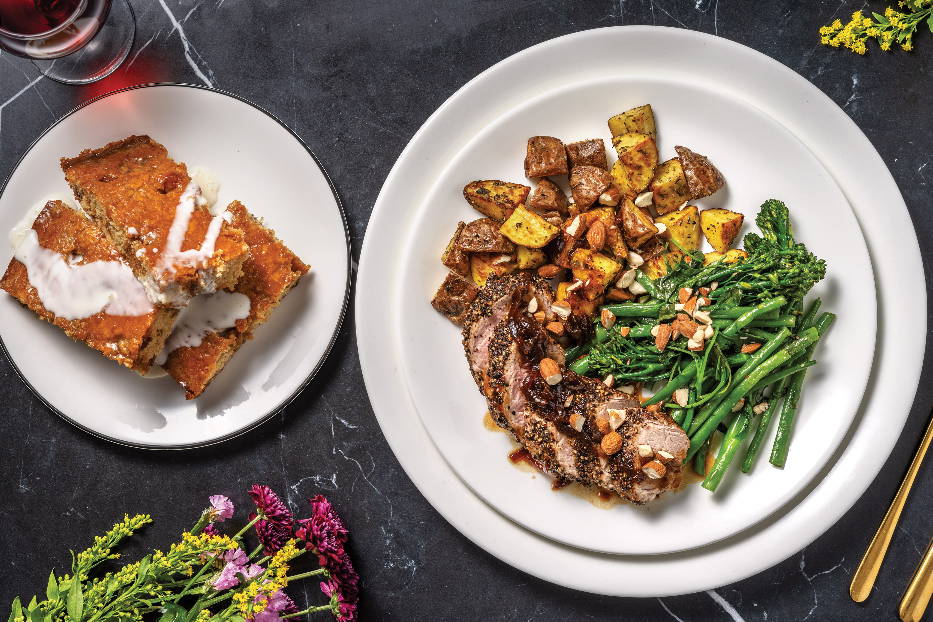 Pepper-Crusted Pork Fillet & Onion Sauce with Roast Potato & Sage-Butter Veggies for Dinner