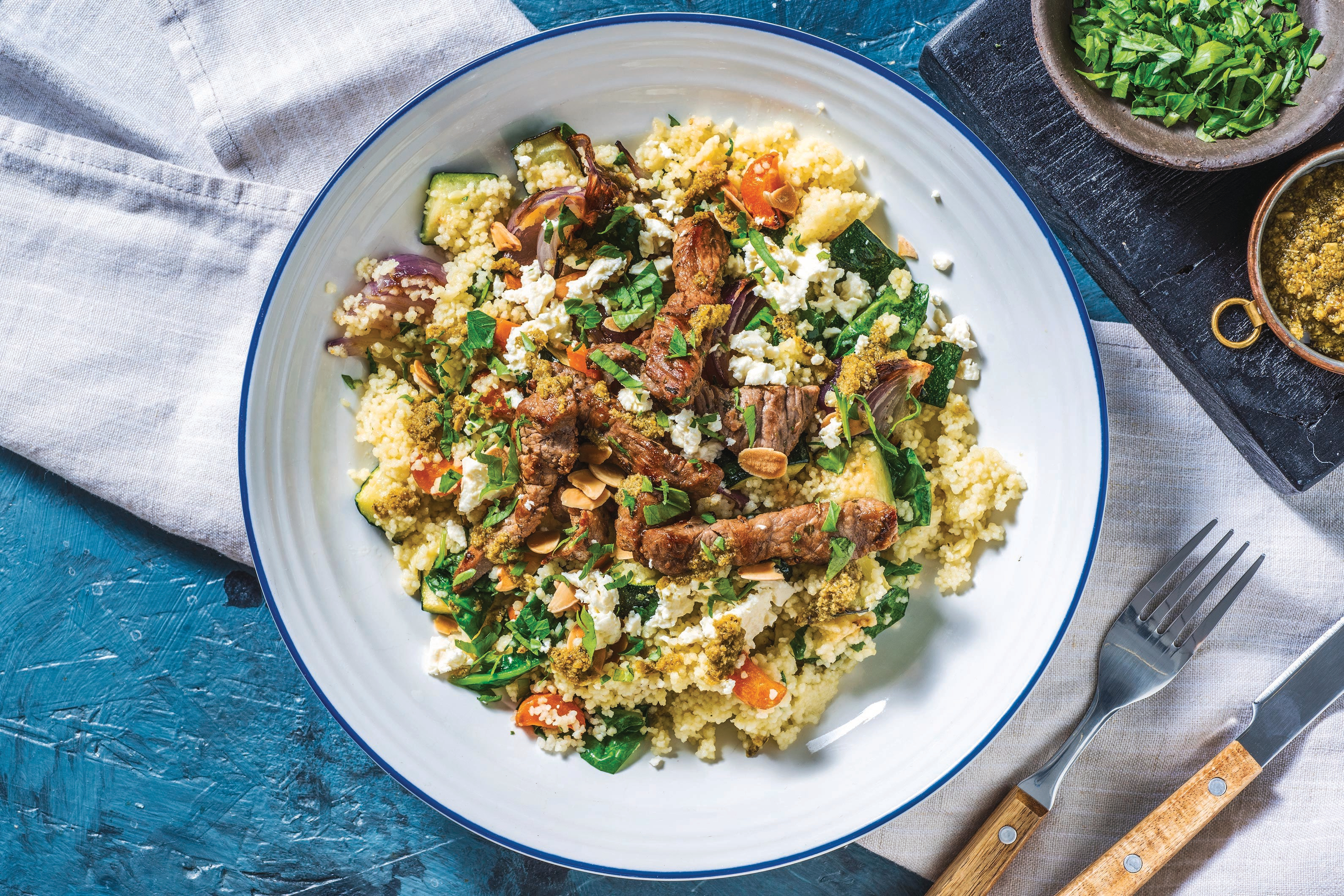 Pesto Beef Strips & Roast Veggie Couscous