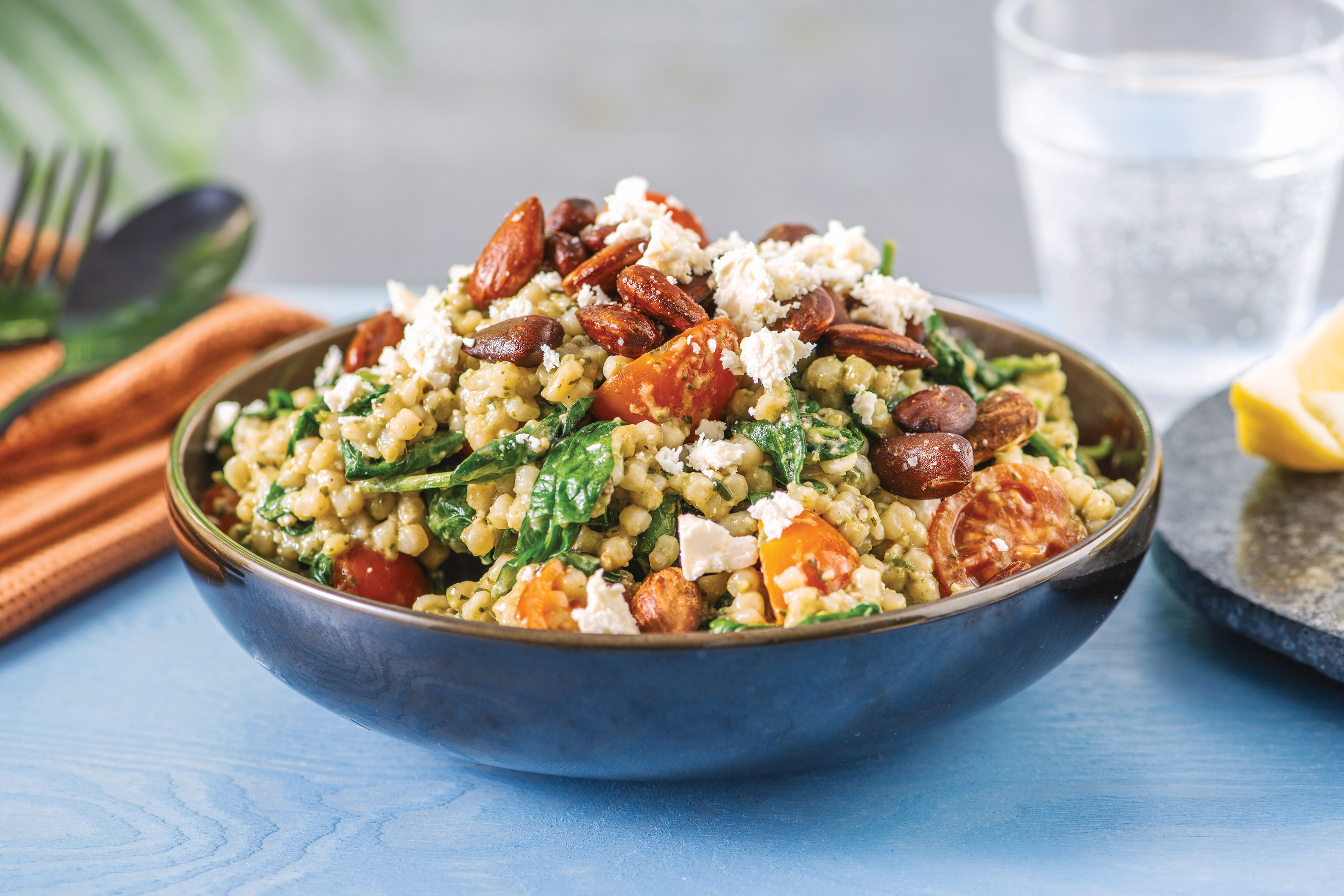 Pesto & Cherry Tomato Israeli Couscous Salad with Feta & Almonds