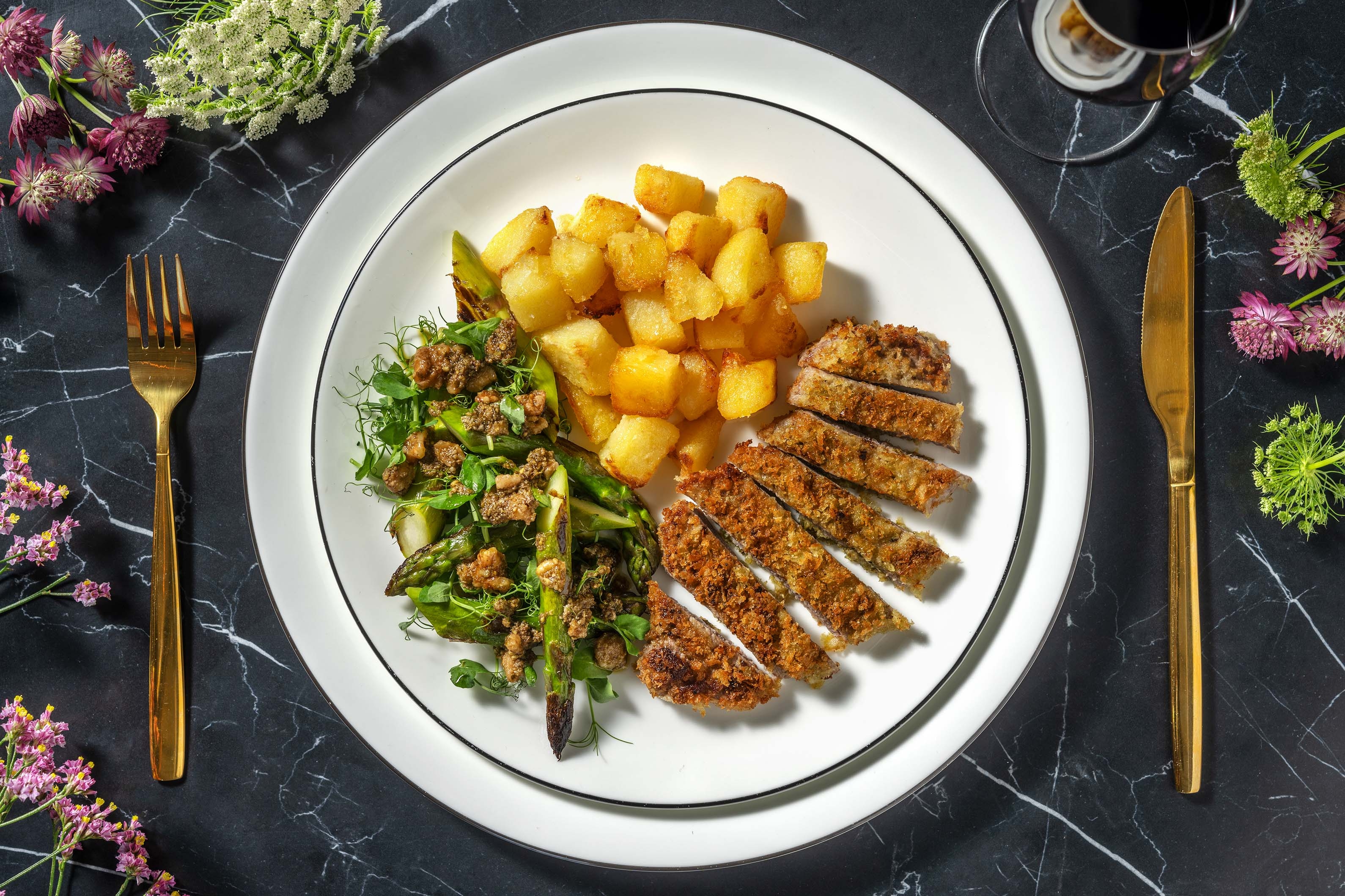 Pesto Crusted Lamb Steak and Roast Potatoes