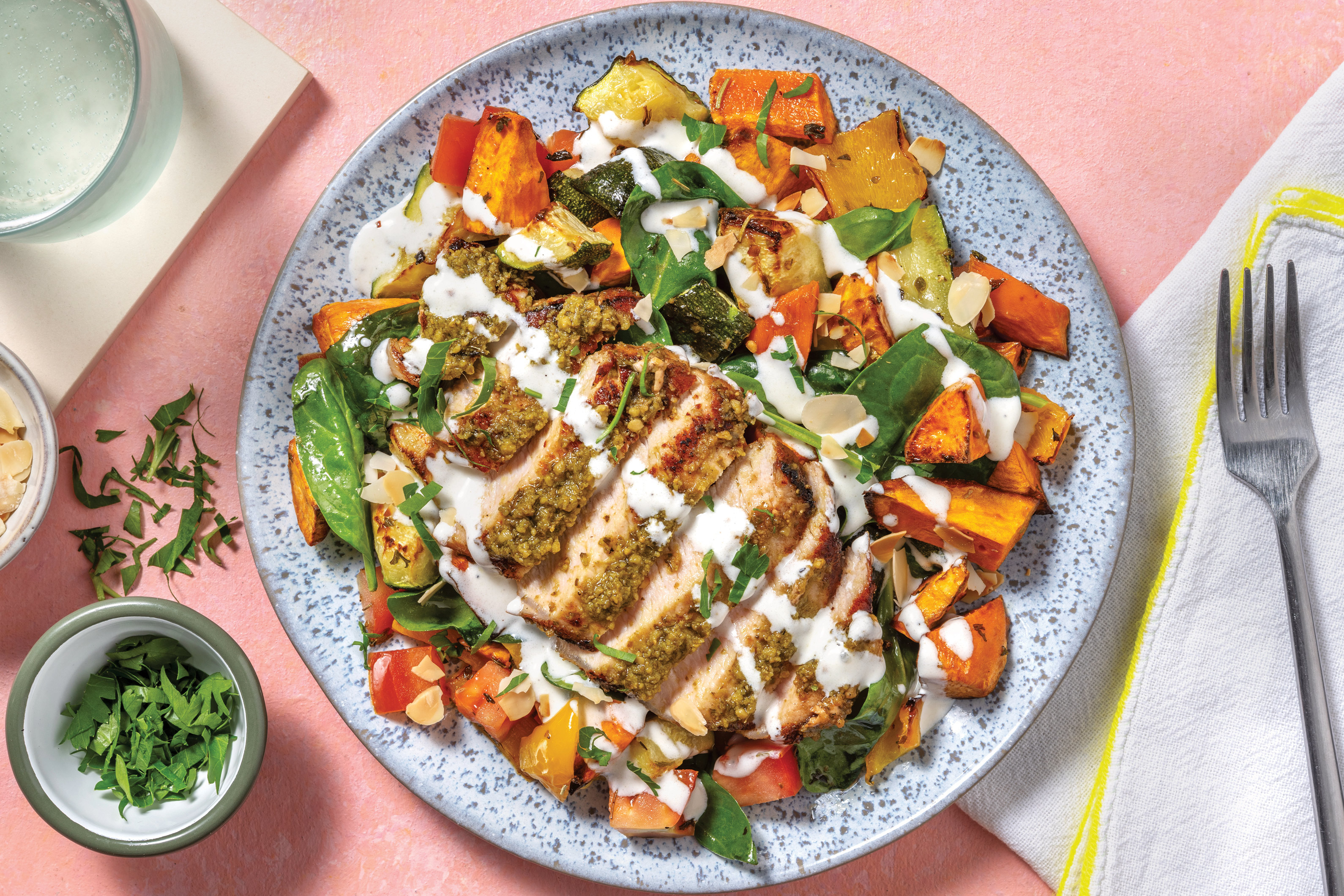 Pesto Pork & Roast Veggie Toss